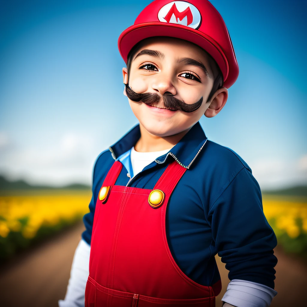 a boy dressed as a mario character, smiling, ultrarealistic, 8k, best quality, masterprice, natural skin texture, with a mustache