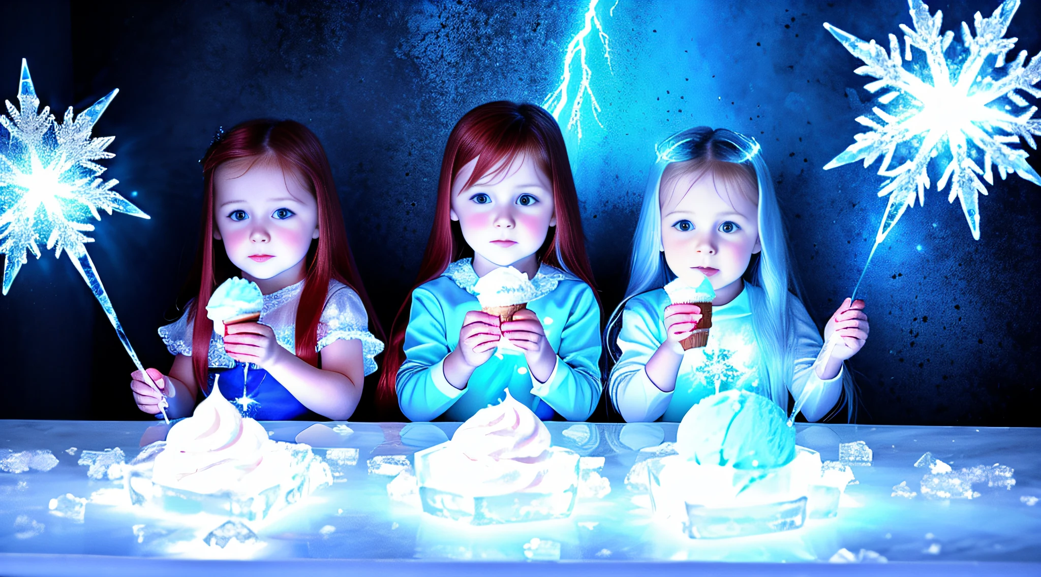 3 girls Russian children with 10 years old, WITH LONG STRAIGHT RED HAIR, PORTRAIT STYLE, There are three ice cubes sitting on a table with a lightning bolt in the background, with ice powers, icy blue theme, ice cubes, blue ice, sparkling ice particles, ice magic, ice cubes around, ice cream, ice cream, melted ice cube, made of ice, HD wallpaper, ice fragments, cold blue lighting