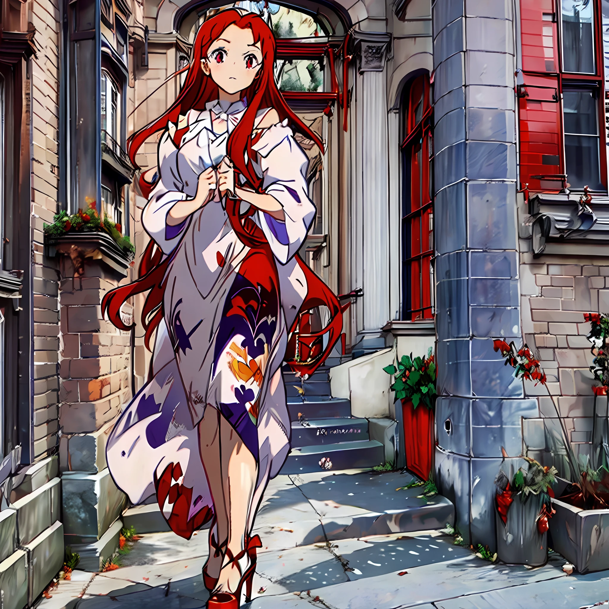 Red-haired girl with purple eyes, white shawl, brown-red dress, red high heels, Western European rental house on background