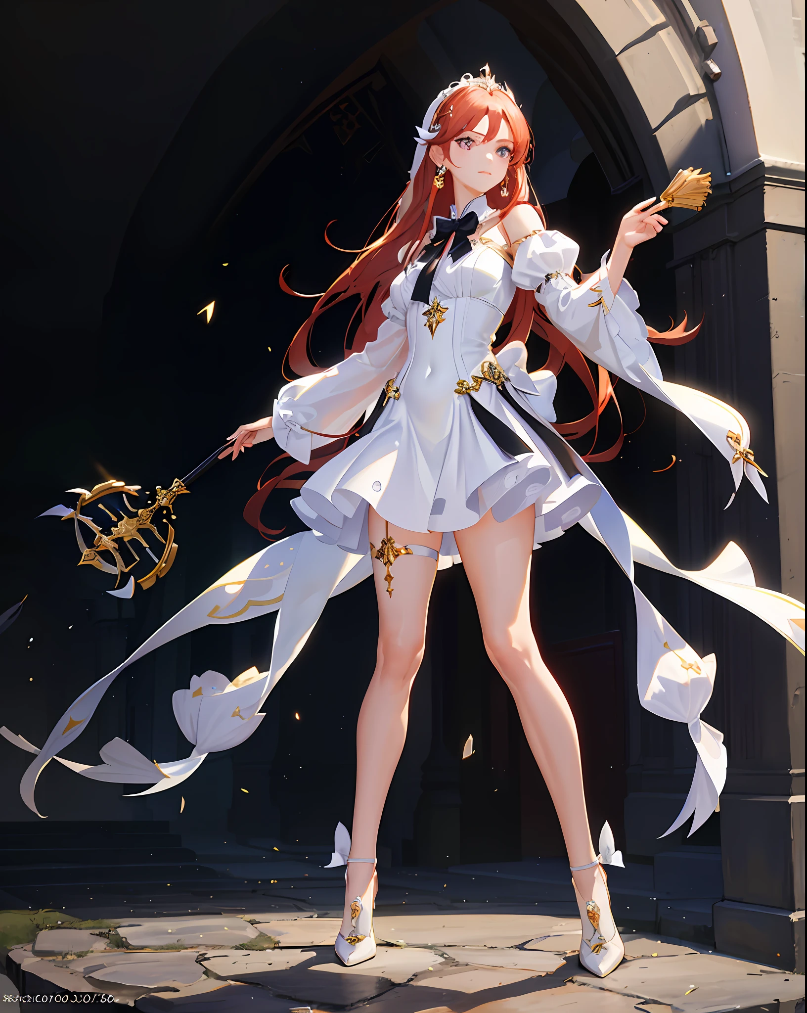 (photorealistic:1.4), (masterpiece, sidelighting, finely detailed beautiful eye: 1.2), masterpiece*portrait, realistic, 3d face, glowing eyes, loss skin, solo, proud, (midriff), white dress, red hair, long hair, English card ventilation, triangle earrings, curly hair, bow hairpins, left hand scepter, dress belt, white gold scepter, white stockings, black shoes