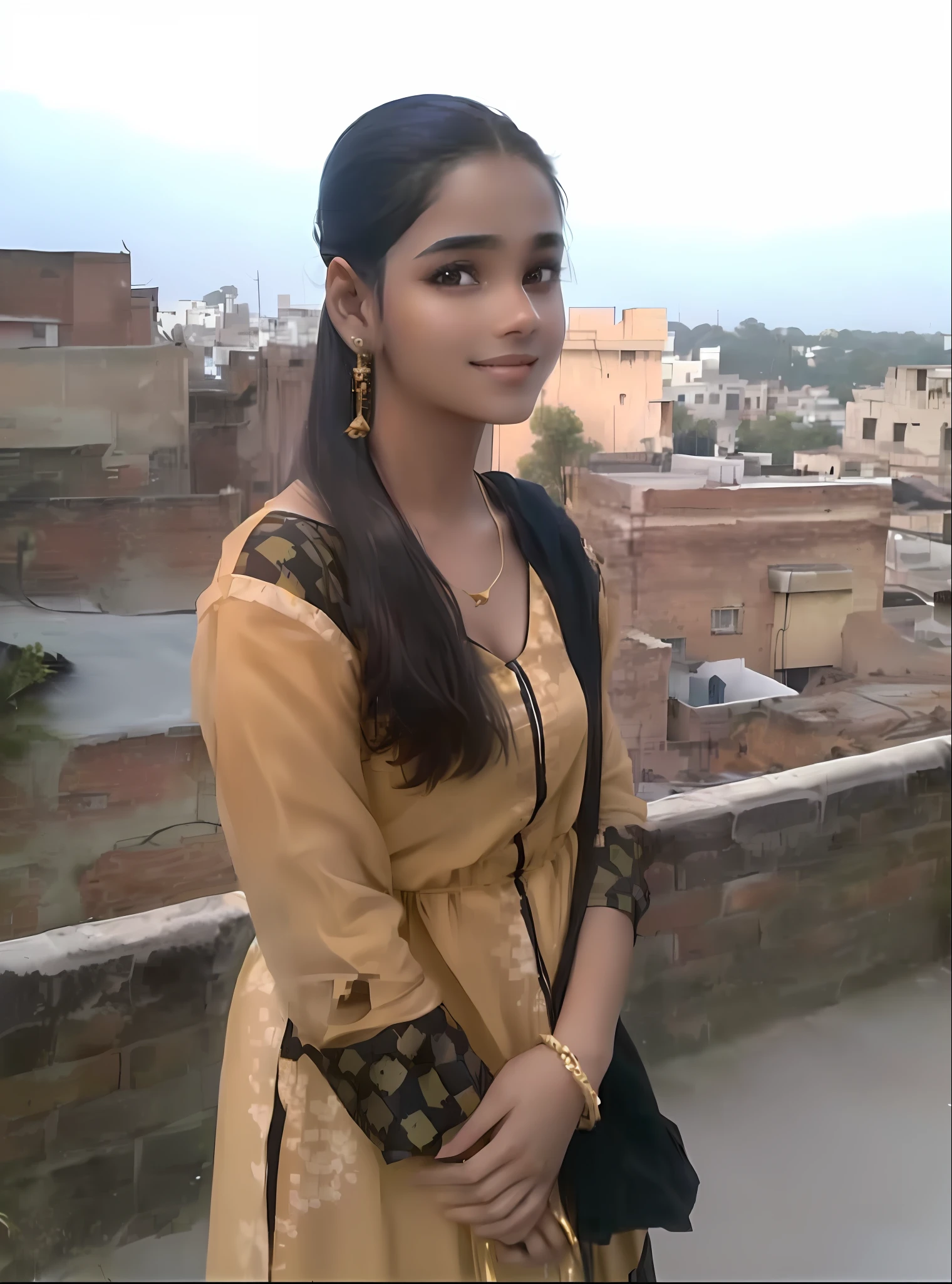 araffe girl in a yellow dress standing on a roof, very beautiful girl, girl next door innocent look, cute beautiful, 18 years old, with lovely look, around 1 9 years old, desi, 1 6 years old, beautiful cute, handsome girl, very beautiful, teen girl, with a beautifull smile, indian, indian girl with brown skin