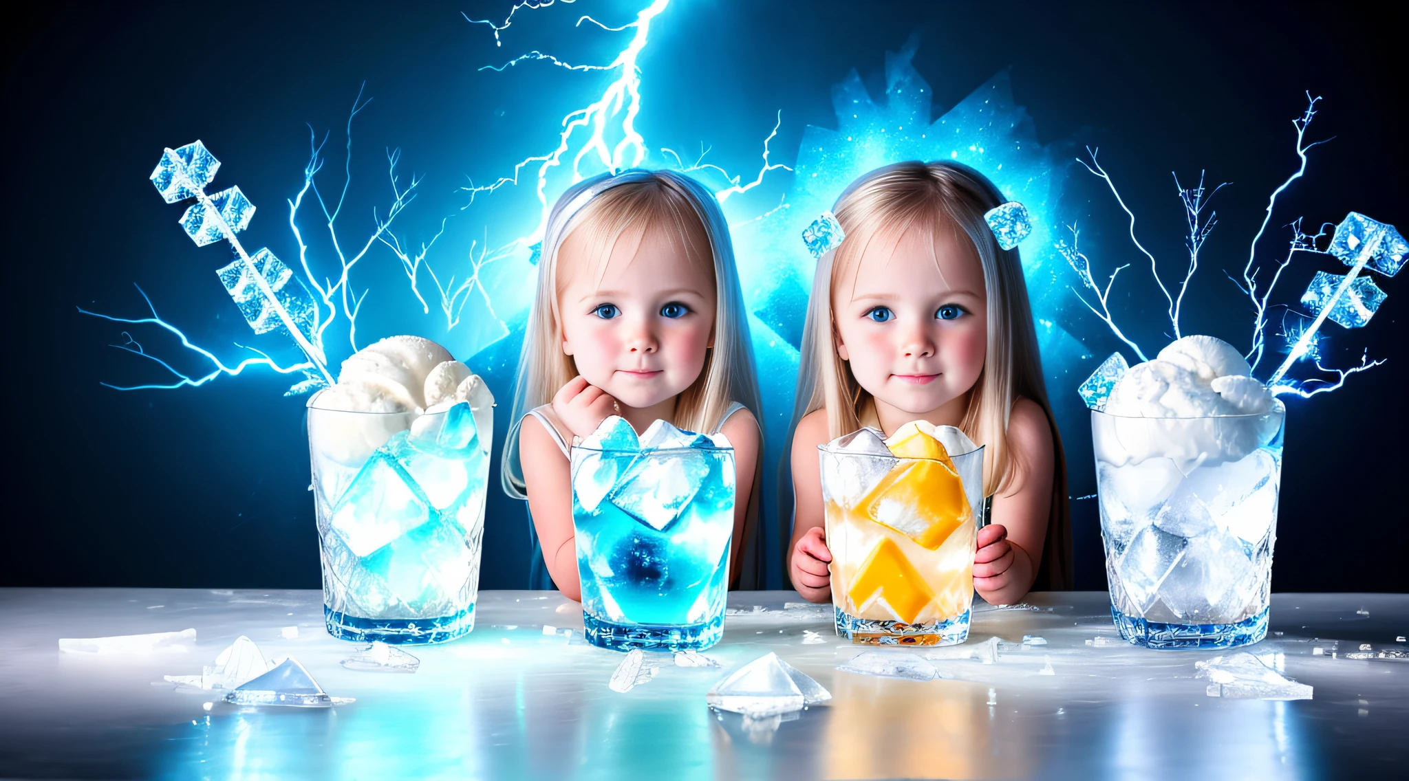 3 girls Russian children with 10 years old, WITH LONG STRAIGHT HAIR blonde, PORTRAIT STYLE, There are three ice cubes sitting on a table with a lightning bolt in the background, with ice powers, icy blue theme, ice cubes, blue ice, sparkling ice particles, ice magic, ice cubes around, ice cream, ice cream,  melted ice cube, made of ice, HD wallpaper, ice fragments, cold blue lighting