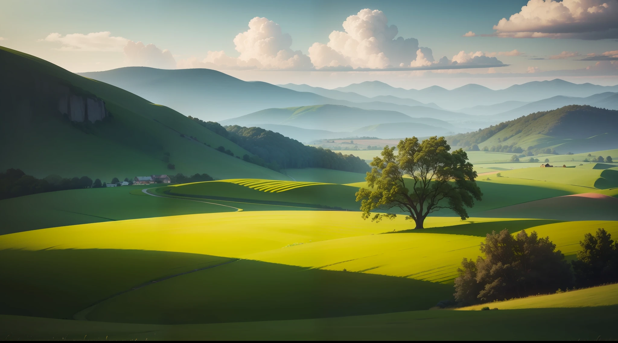serene landscape with lush green fields and picturesque skyline, no buildings, no people, lush vegetation, idyllic, vibrant, photorealistic, realistic, dramatic, cinematic lighting, sharp focus, 8k