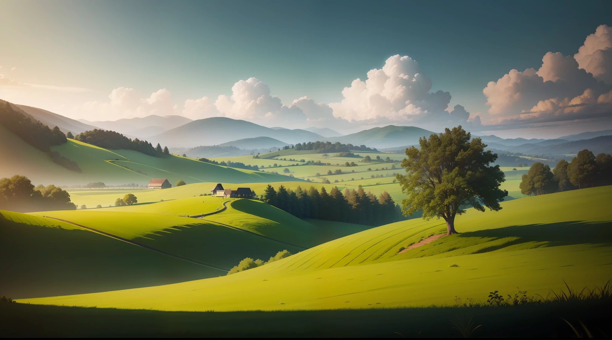 serene landscape with lush green fields and picturesque skyline, no buildings, no people, lush vegetation, idyllic, vibrant, photorealistic, realistic, dramatic, cinematic lighting, sharp focus, 8k