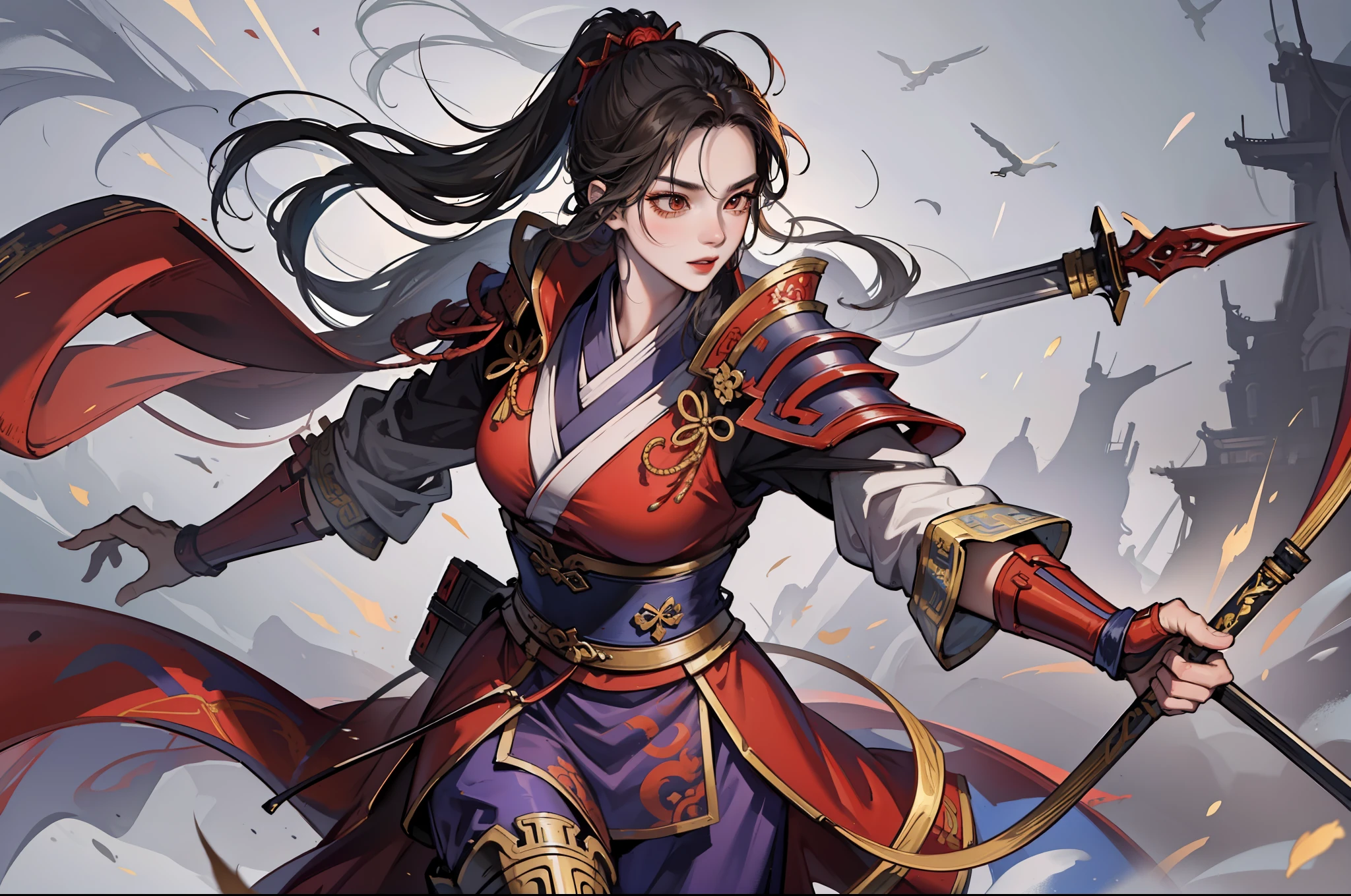 chinoiserie,The background is the ancient Chinese battlefield,An ancient Chinese female general、Holding a matching sword in his hand、Red robes、ARMOUR、A full body,Clear facial features,grim expression,Amazing facial features,Yellow sand is flying in the sky,Fleeing crowds,firelight,Game model,C4D, OCrenderer, edge light,The light is delicate,masterpieces,hyperdetailed,epic composition,Super HD,Quality,Max Quality,32k