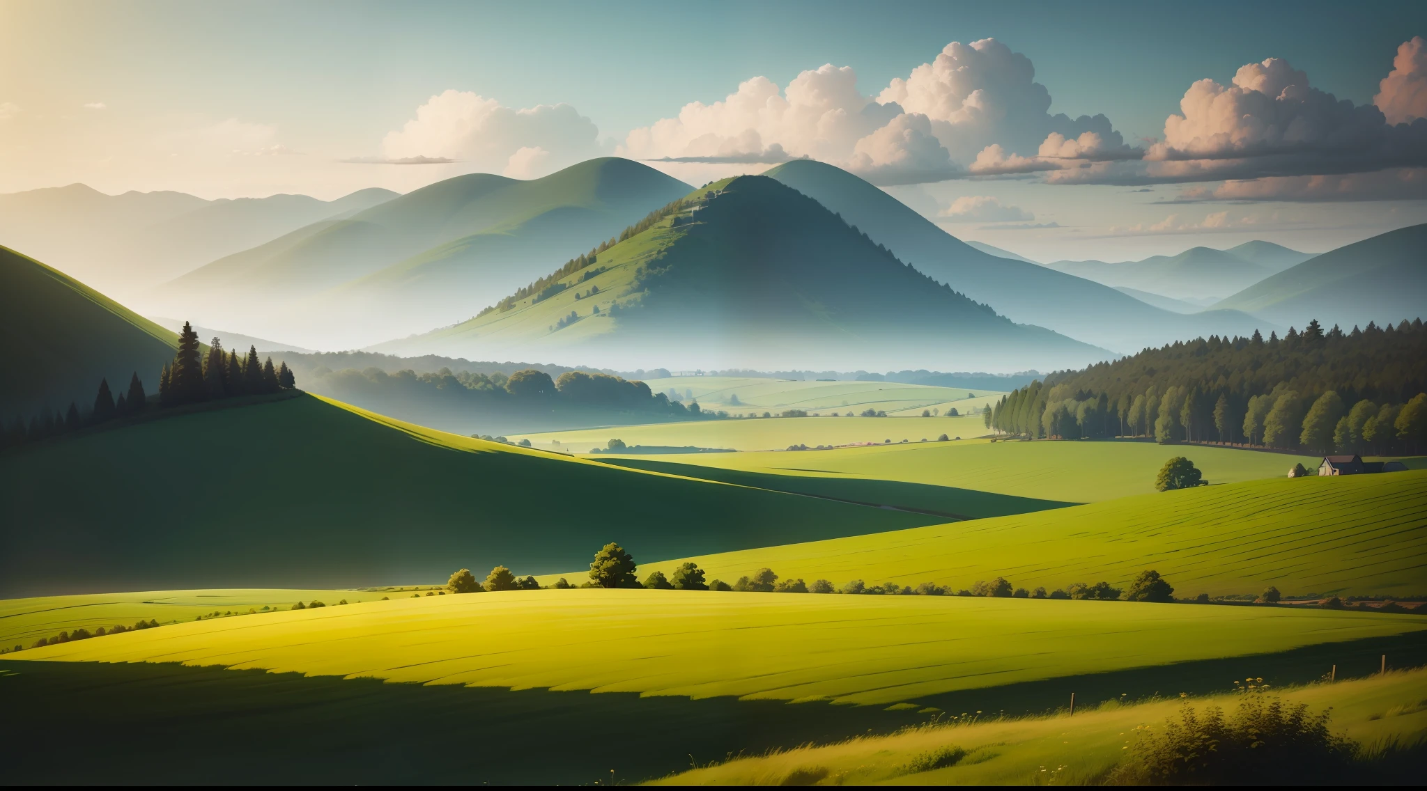 serene landscape with lush green fields and picturesque skyline, no buildings, no people, lush vegetation, idyllic, vibrant, photorealistic, realistic, dramatic, cinematic lighting, sharp focus, 8k