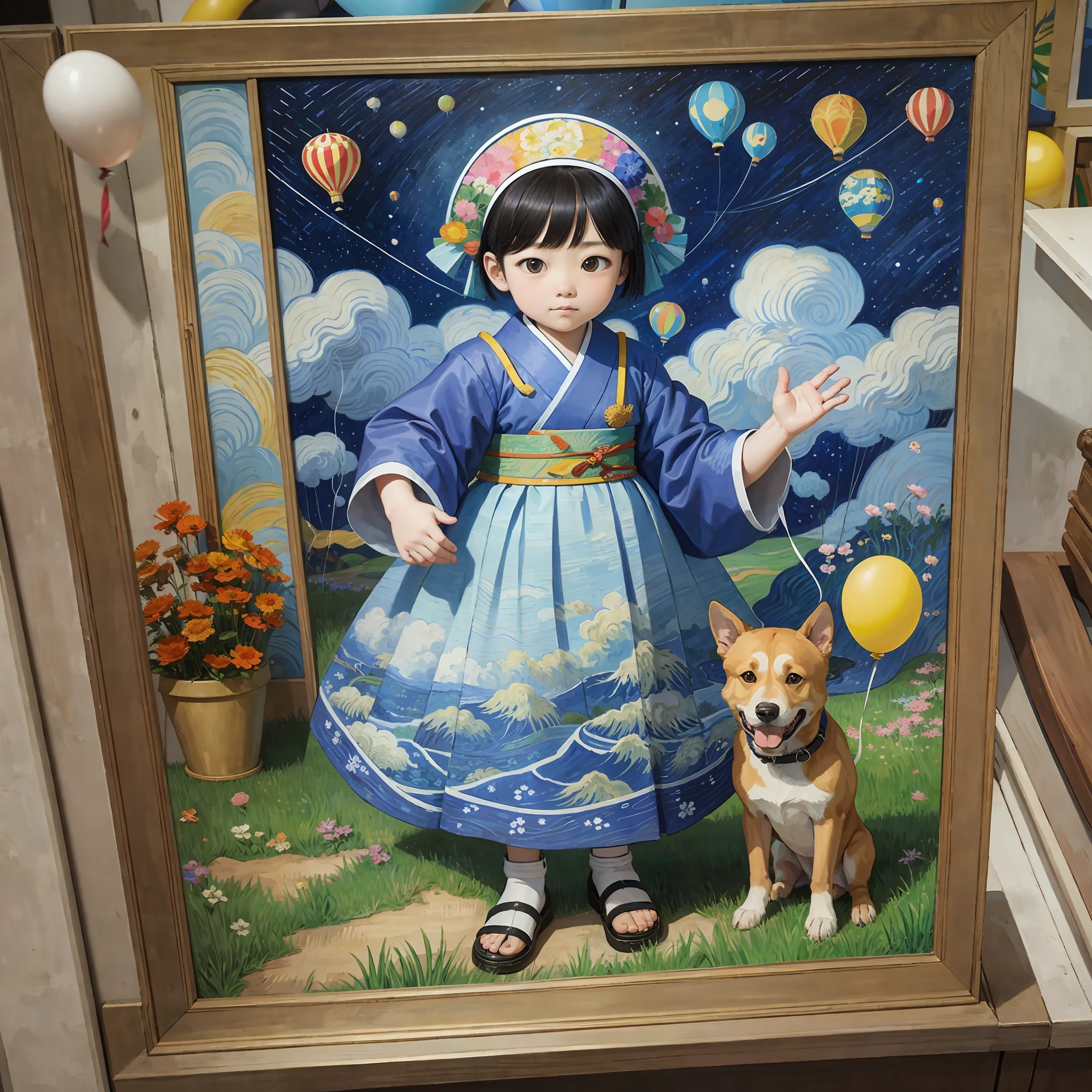 Korean national painting background in the style of Van Gogh, dog and child playing with balloons --auto --s2