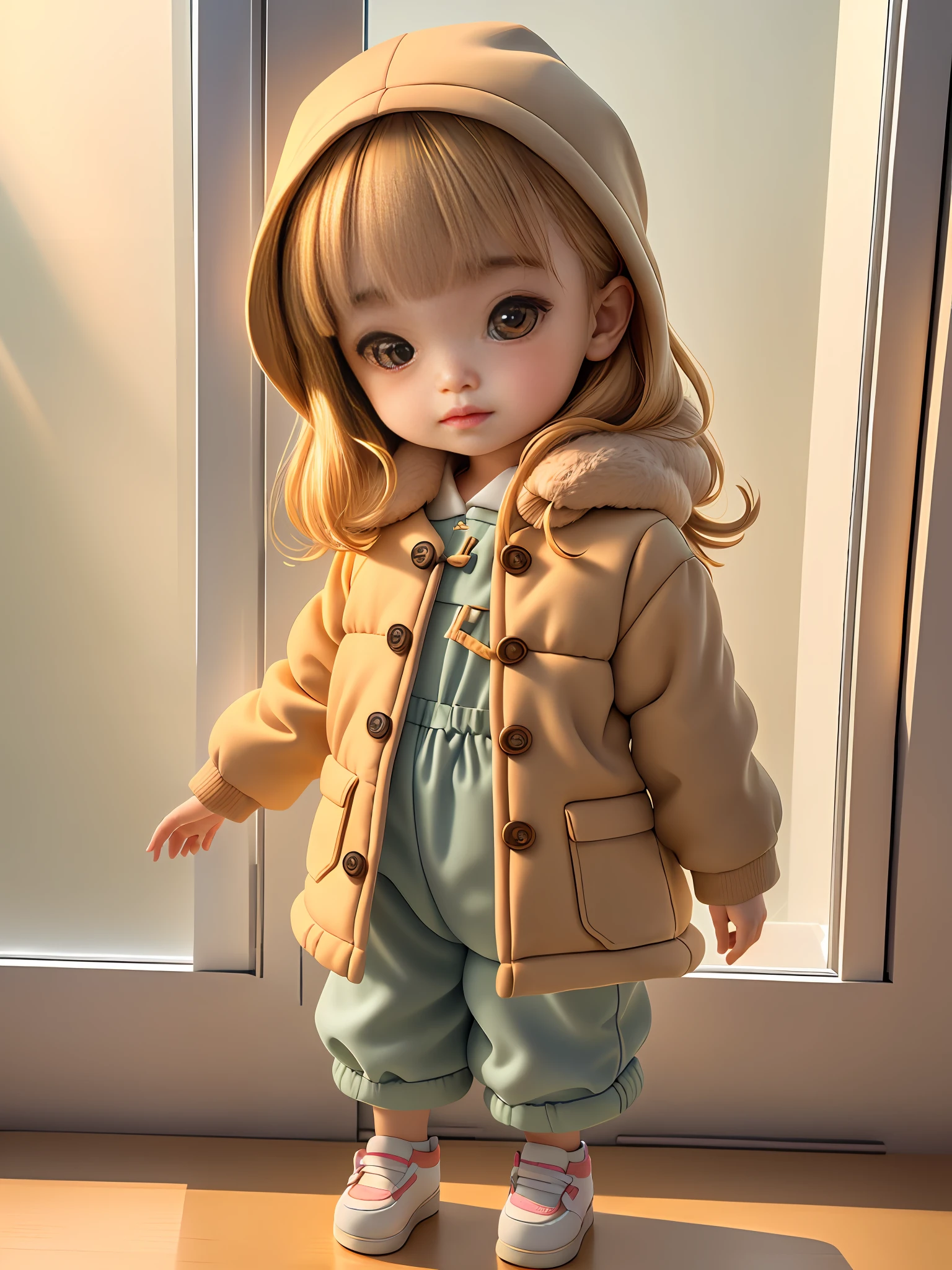 arafed in a beige jacket and pants standing in front of a window, jaeyeon nam, cutest, children, toddler, katelynn mini cute style, kid, child, kids, jinyoung shin, soft warm light, ji-min, little kid, next gen, adorable, soft - warm, amber, olivia, eeri, innocent mood