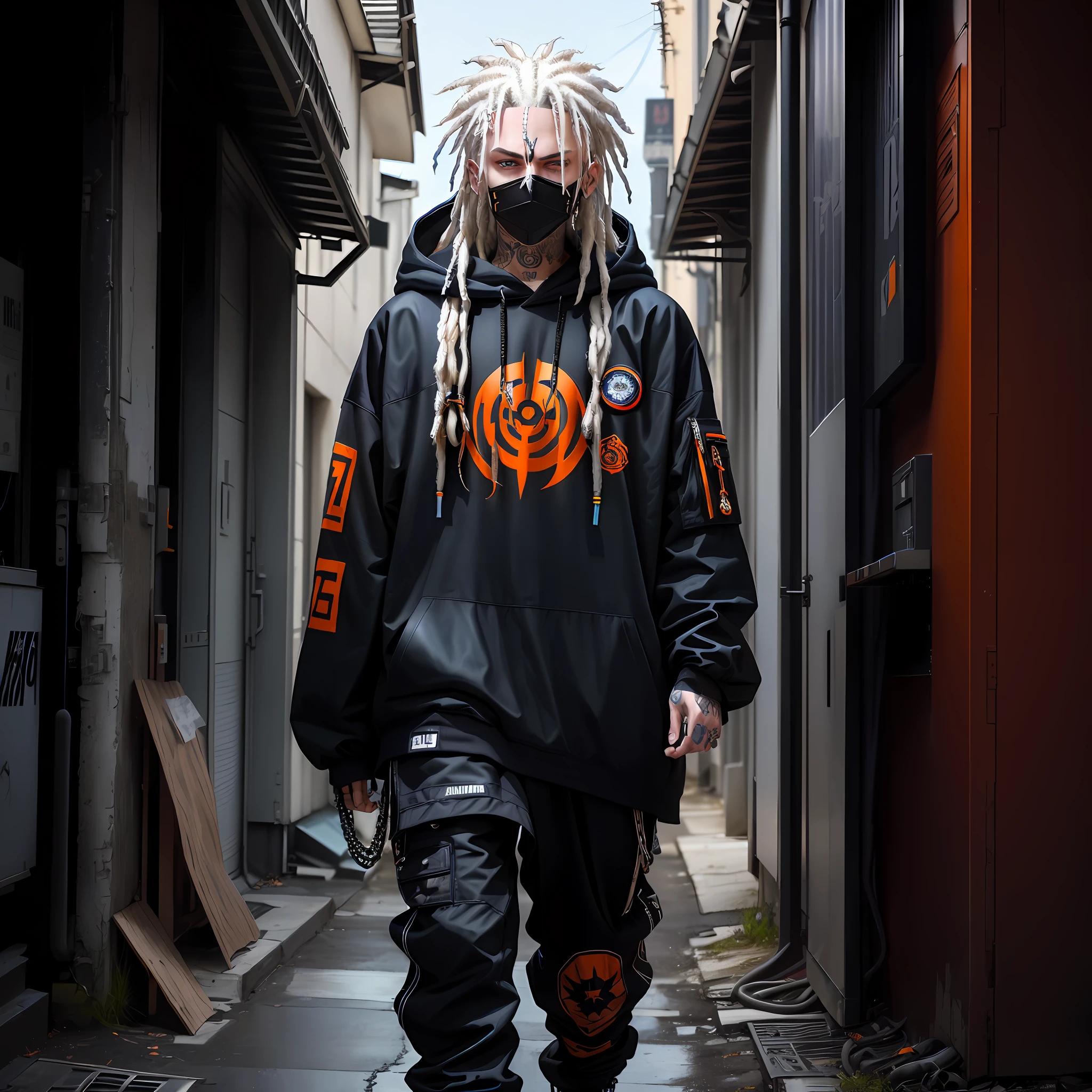arafed man with dreadlocks and a hoodie standing, hair half white, hair half brown, blue eyes, dreads, dreadlocks, american man, caucasian man, european man, white man, blue eyes, chains, rings, holding a microphone, lil peep, masked, shinobi, alternate album cover, album cover!, xxxtentacion, album art cover, album art, new album cover, yung lean, music album cover, album cover, rap album cover, colored album art, hardops, arca album cover, an album cover, album artwork, sicko, trending, on the ocean, ashy, p. j. n, photo from a promo shoot, end of an era, official artwork, promo image, a close up of a person in an orange prison outfit, bladee from drain gang, naruto, anime style, 4k, 8k, high resolution, ultra resolution, steampunk, smoke, ninja, jail clothes, orange jail clothes, shades of light, shades of shadow, artwork, two tone lights, ultra detailed, black clothes, best image quality, masterpiece, incredible, vibrant, super high resolution, artwork, style, amazing, dark, shadow, punk, black, drawing, anime