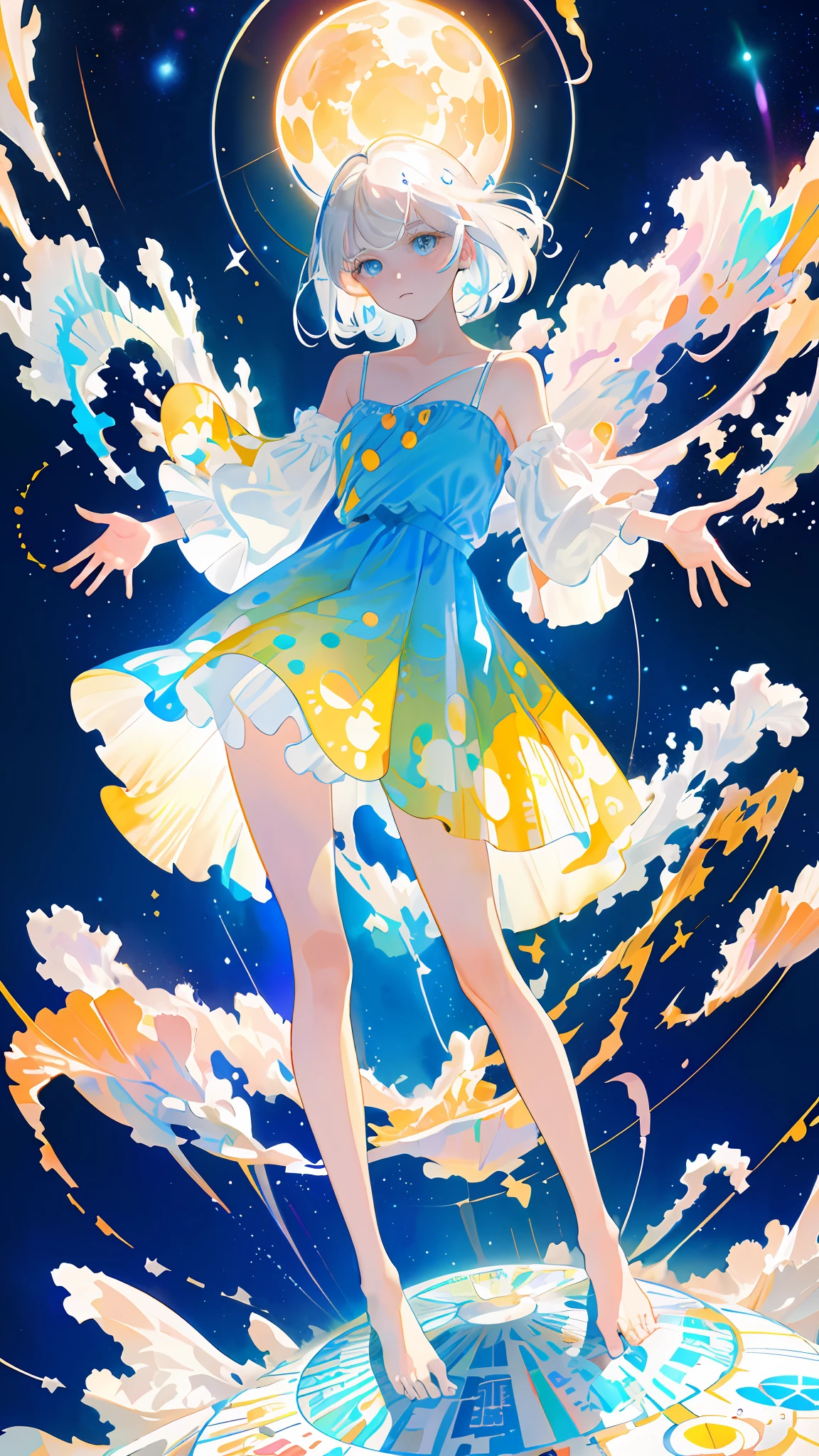 (Masterpiece, Best Quality: 1.2), (Super Detailed), (Illustration), Wallpaper, Original, 1girl, Messy White Hair, Thin Shoulder Straps, White Skirt, Bare Legs, Barefoot, Bare Arms, Space, Earth Background, Near-Earth Orbit, Full Body, (Surrounded by Colored Splashes and Dots), Colored Bubbles, (Shiny)