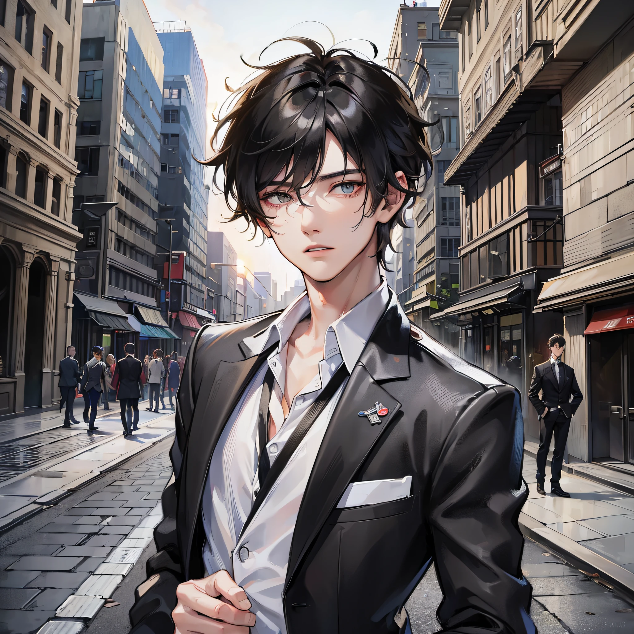 (Masterpiece, hyper-detailed, boy, black suit, messy hairstyle, standing, street background, clear close-up character details, bound wrists) --auto --s2