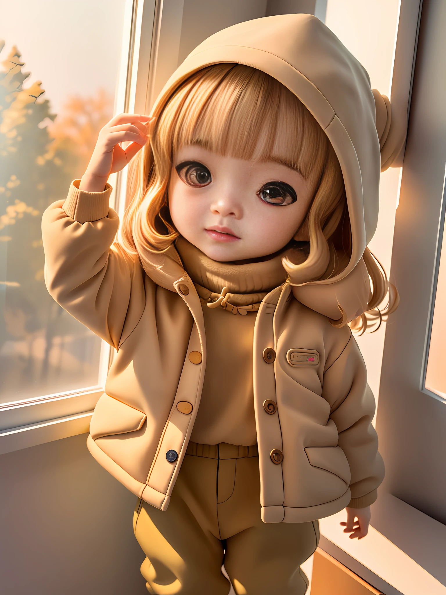 arafed little girl in a beige jacket and pants standing in front of a window, jaeyeon nam, cutest, children, toddler, katelynn mini cute style, kid, child, kids, jinyoung shin, soft warm light, ji-min, little kid, next gen, adorable, soft - warm, amber, olivia, eeri, innocent mood