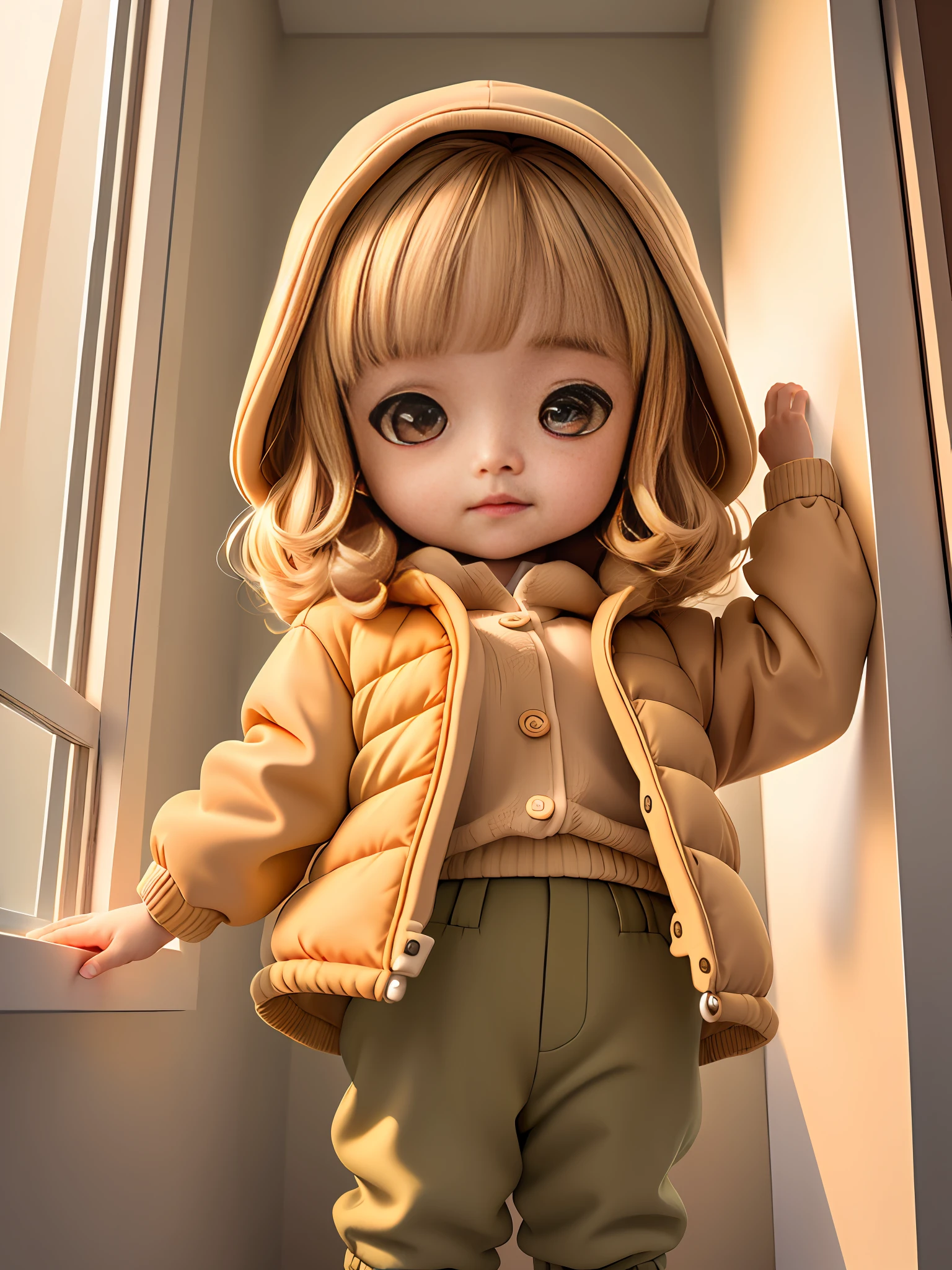 arafed little girl in a beige jacket and pants standing in front of a window, jaeyeon nam, cutest, children, toddler, katelynn mini cute style, ???, child, kids, jinyoung shin, soft warm light, ji-min, little ???, next gen, adorable, soft - warm, amber, olivia, eeri, innocent mood