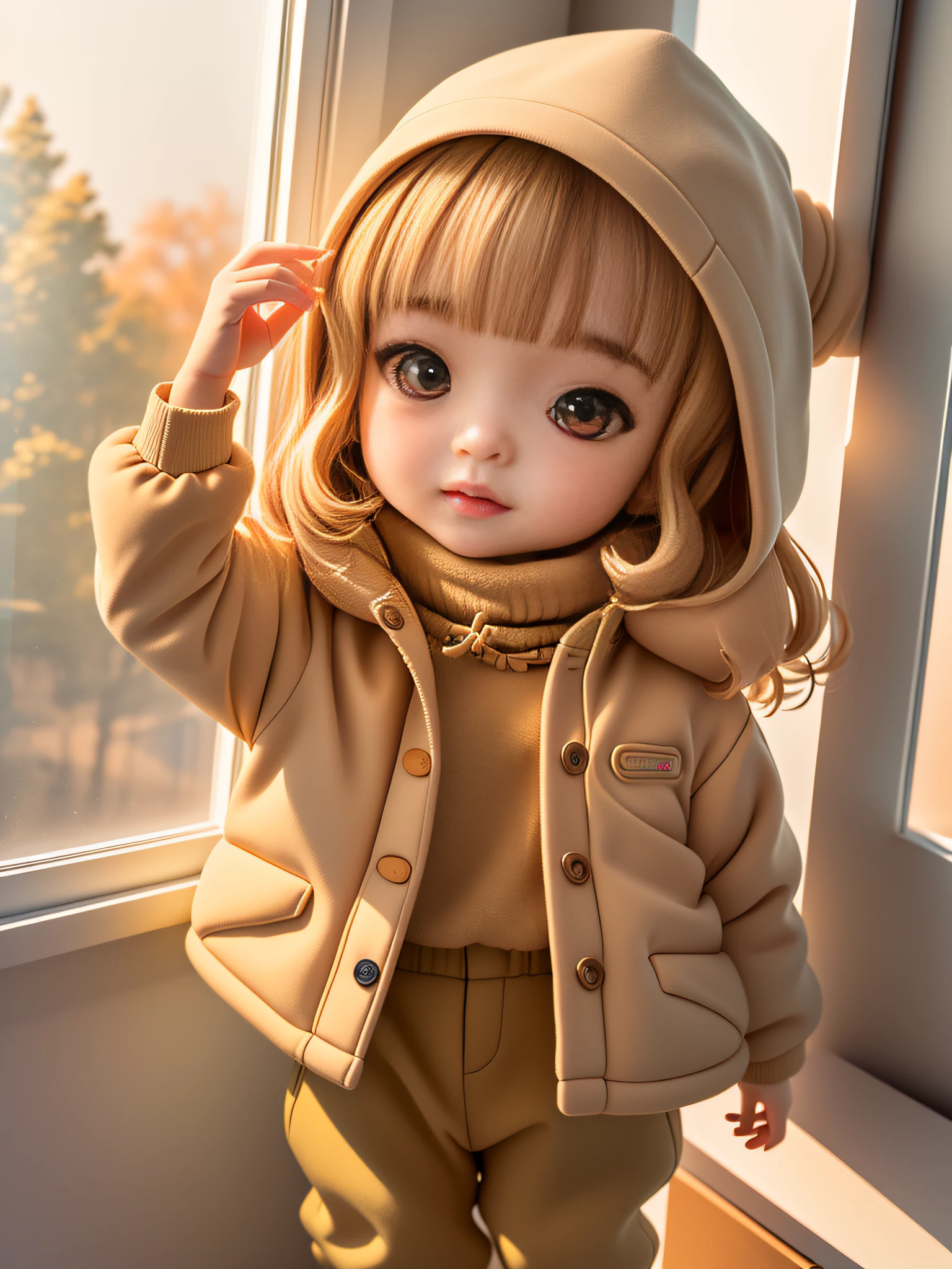 arafed little girl in a beige jacket and pants standing in front of a window, jaeyeon nam, cutest, children, toddler, katelynn mini cute style, ???, child, kids, jinyoung shin, soft warm light, ji-min, little ???, next gen, adorable, soft - warm, amber, olivia, eeri, innocent mood