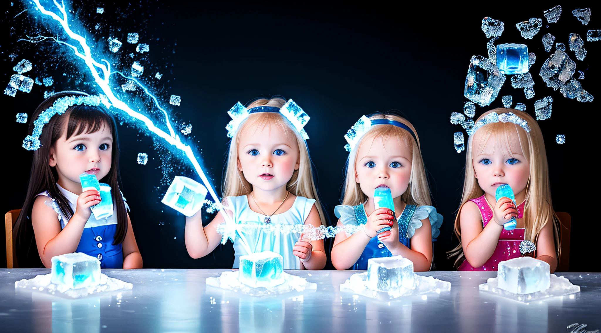 3 girls Russian with 10 yearsONG STRAIGHT HAIR blonde, PORTRAIT STYLE, There are three ice cubes sitting on a table with a lightning bolt in the background, with ice powers, icy blue theme, ice cubes, blue ice, sparkling ice particles, ice magic, ice cubes around, ice cream, ice cream, melted ice cube, made of ice, HD wallpaper, ice fragments, cold blue lighting