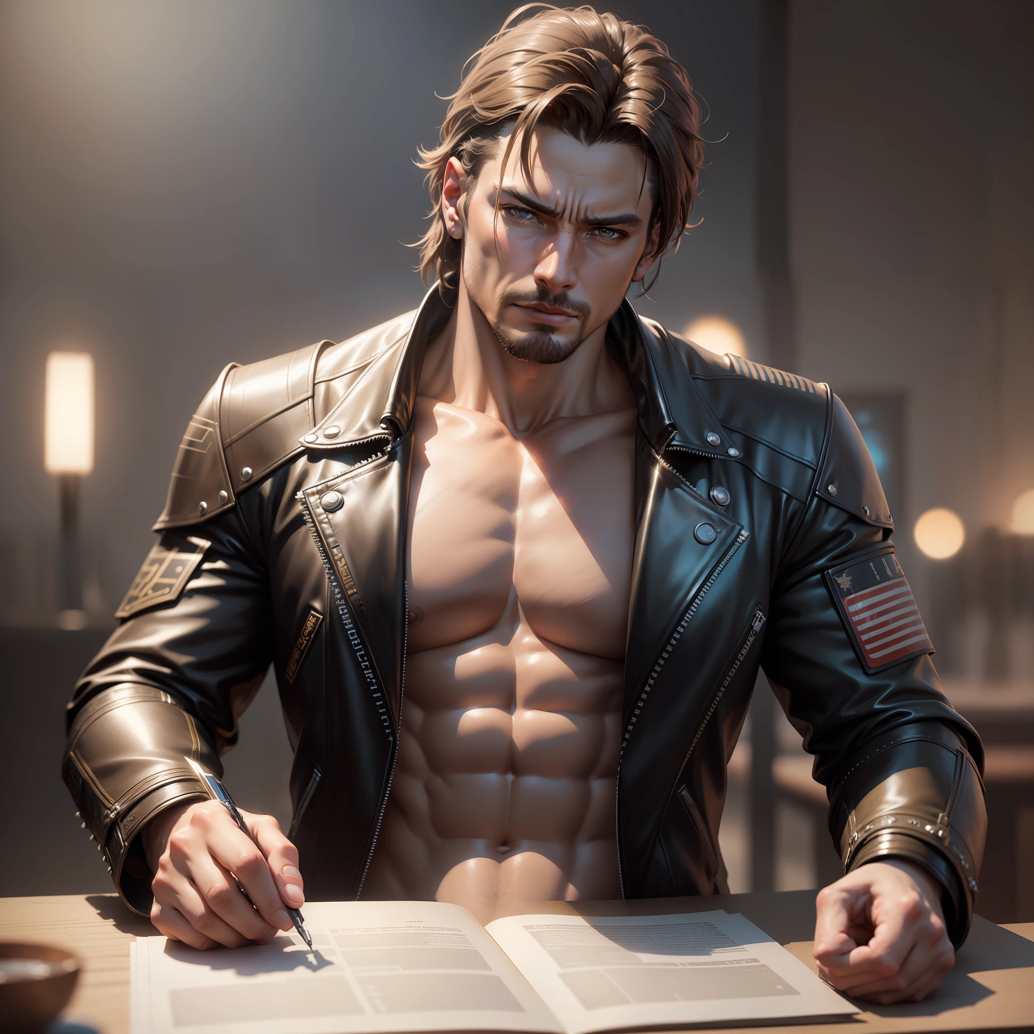 ( (8k:1.27), best quality, masterpiece, ultra highres:1.2, realistic), Photo of masculine man (beautiful:1.1) (sci-fi warrior man:1.1) shirtless, (leather jacket:1.21), masculine, command presence, intricate elegant, fantasy, detailed, ometric by greg rutkowski and alphonse mucha, gradient lighting, gradient lighting, dramatic, soft lighting, film grain, anamorphic depth of field, bokeh, cinematic color, vivid color, render,