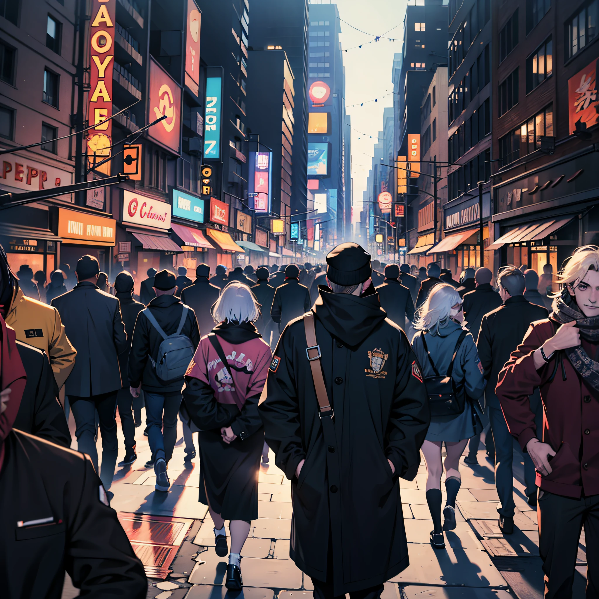 City streets, crowds of people, bright lights, modern clothing,