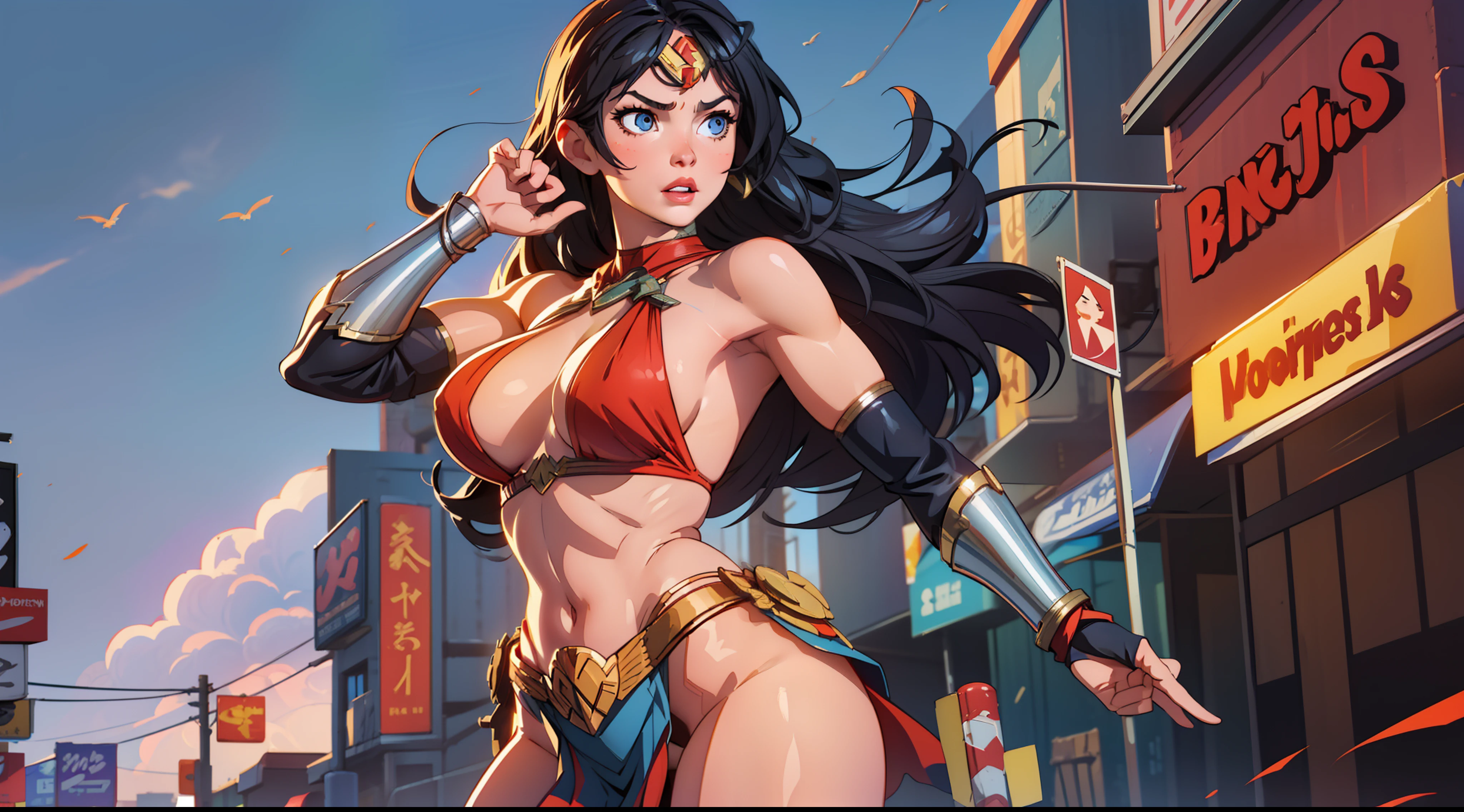 wonderwoman, warrior, action pose, sexy, cleavage, black hair, blue eyes, bikini, large breasts, wide hips, thick thighs, muscles, abs, no teeth, beautiful face, realistic, ray traced, beautiful eyes, red lipstick