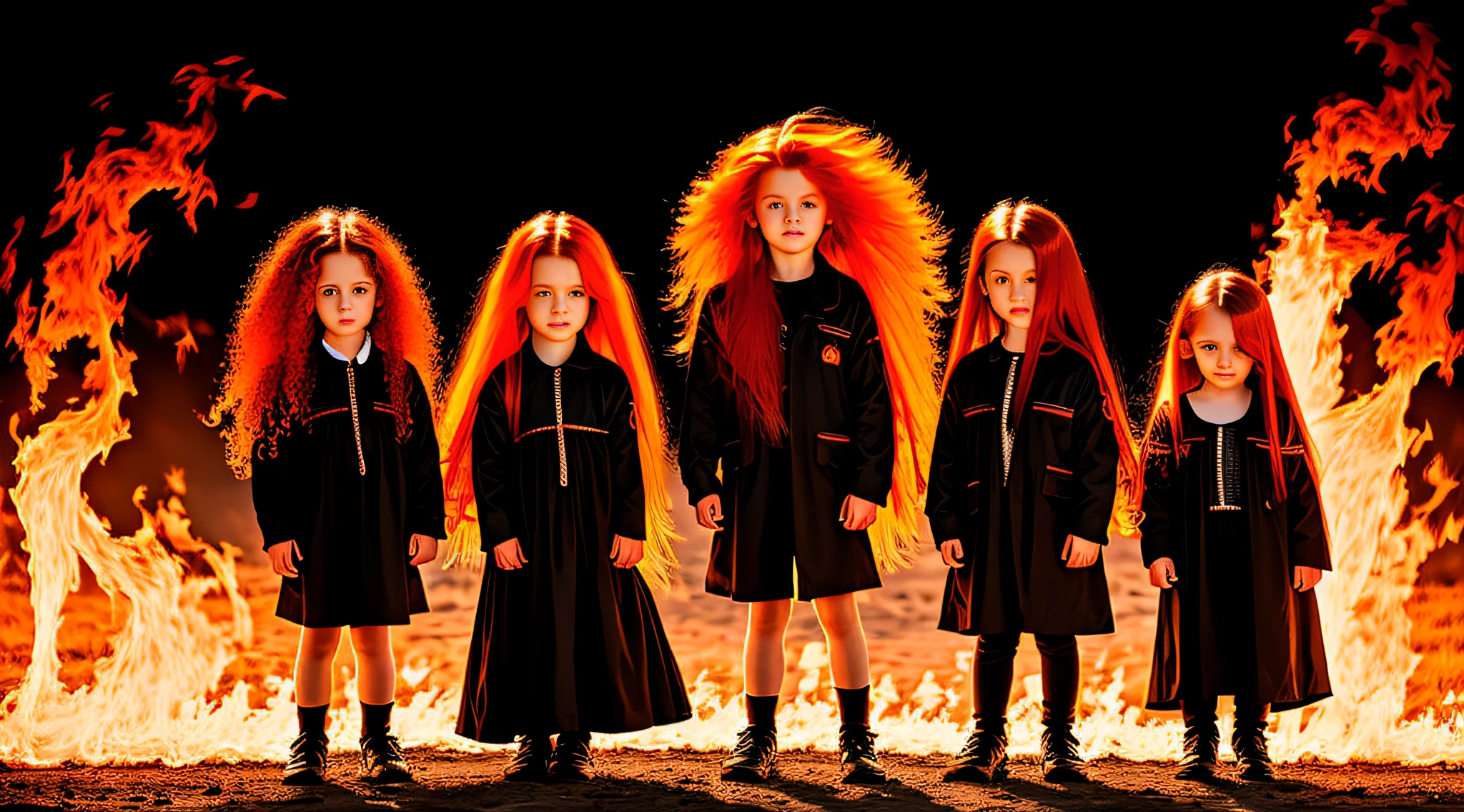 3 boys Russian children with 10 years old, WITH LONG STRAIGHT HAIR, PORTRAIT STYLE, with bright red hair and a black dress, flowing backlit hair, flaming hair, infrared hair, made in maya and photoshop, glamour color portrait, maya, fire hair, flowing orange hair, fractal hair, psychedelic hair flowing, fashion color studio lighting, advertising photography, flowing hair, leeloo, beautiful long fire hair, electrified hair