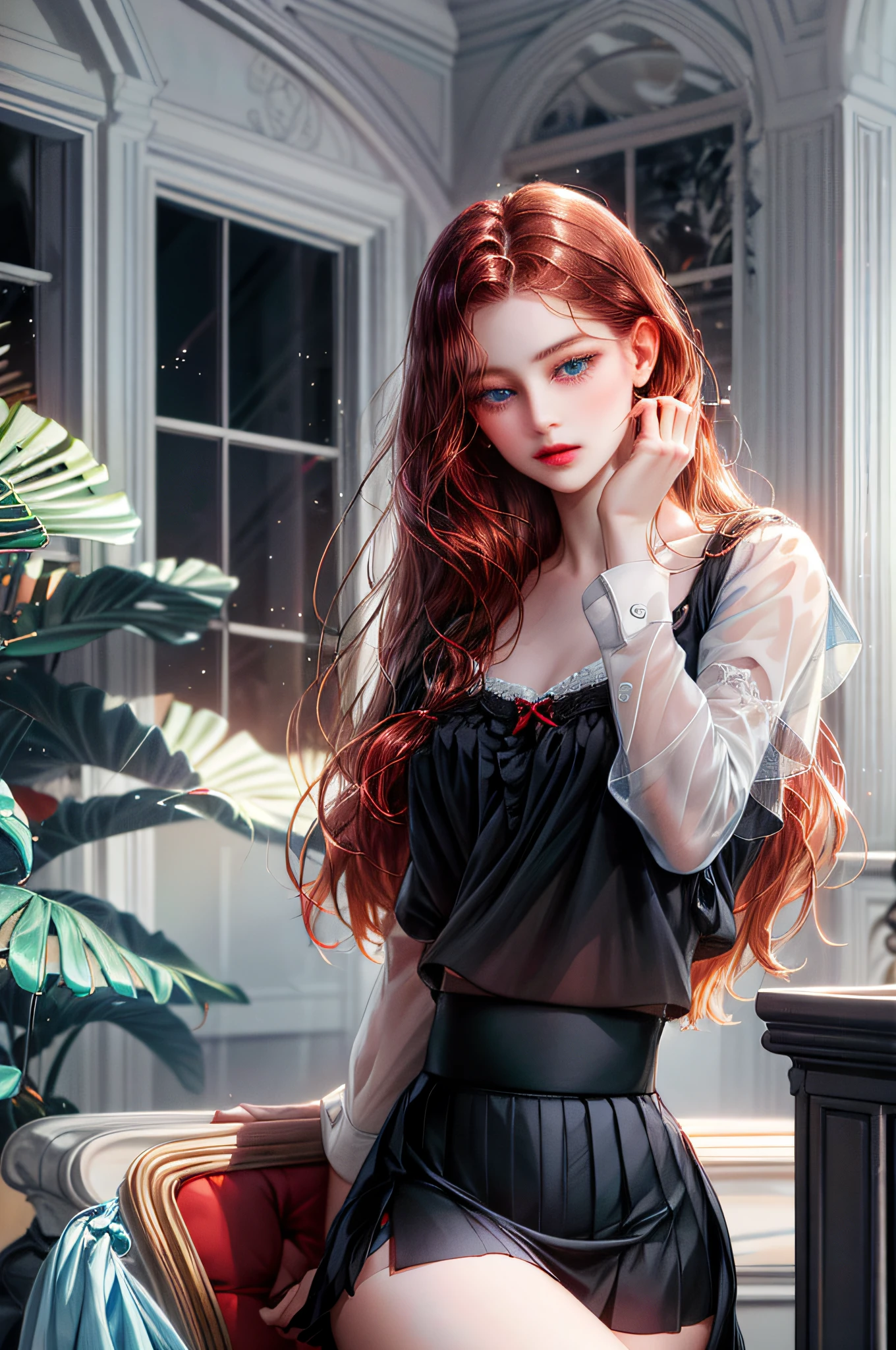 One creates a girl with dark red hair and blue eyes, beautiful, thin, flat, may be wearing a businessman's uniform, one with long hair, the other with short women, ((white sheer blouse, black mini skirt)), underwear bite, sexy pose, lower body slender,