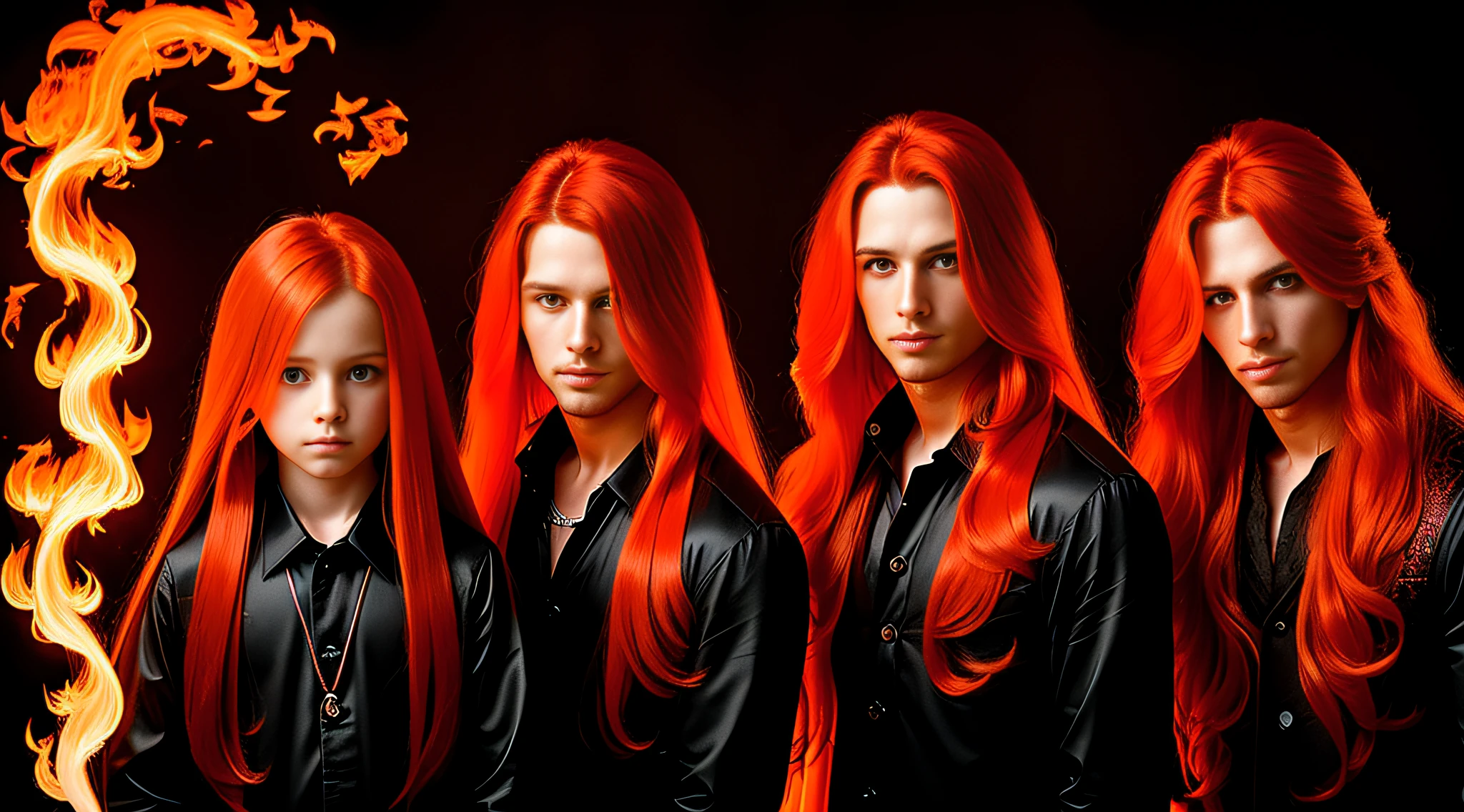 three Russian children girls with long red hair and red wigs posing for a photo, bright green hair, bright green hair, long bright red hair, infrared hair, girl red hair, orange skin and long burning hair, hair like fire, red hair and attractive features, long fire hair, long orange hair, perfect android girl family, by Bernardino Mei, burning red hair, black background.