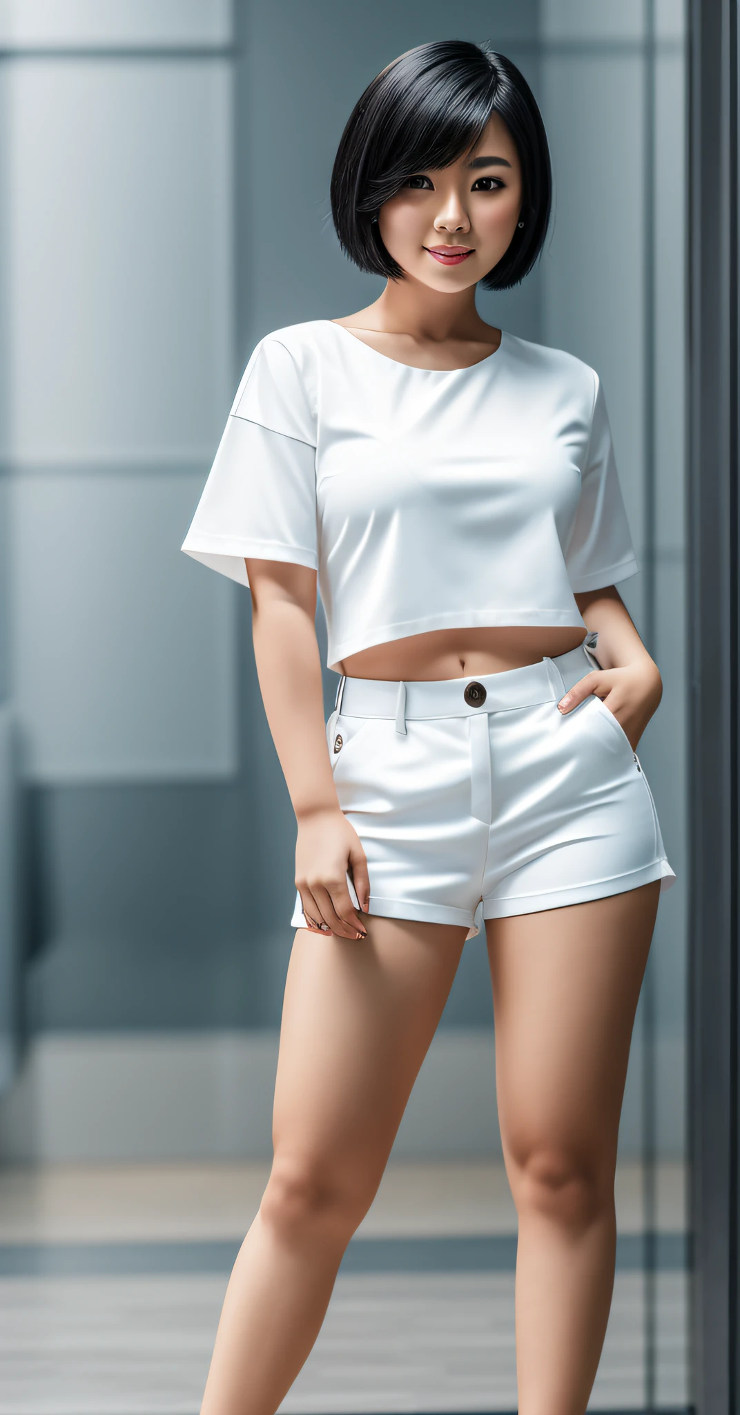 Full body portrait of young asian woman with black short hair, wearing white tak top, realistic and confident shallow depth of field... ar-image #2