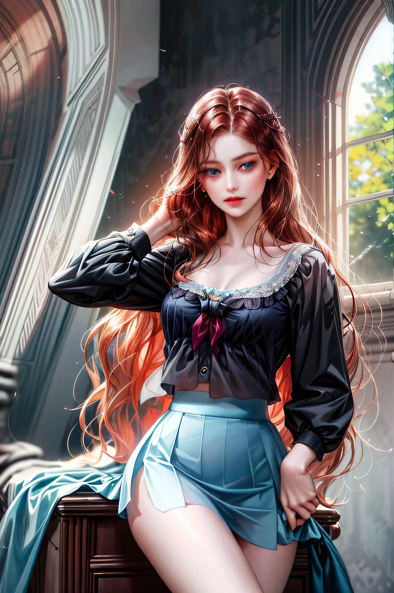 One creates a girl with dark red hair and blue eyes, beautiful, thin, flat, may be wearing a businessman's uniform, one with long hair, the other with short women, ((white sheer blouse, black mini skirt)), underwear bite, sexy pose, lower body slender,