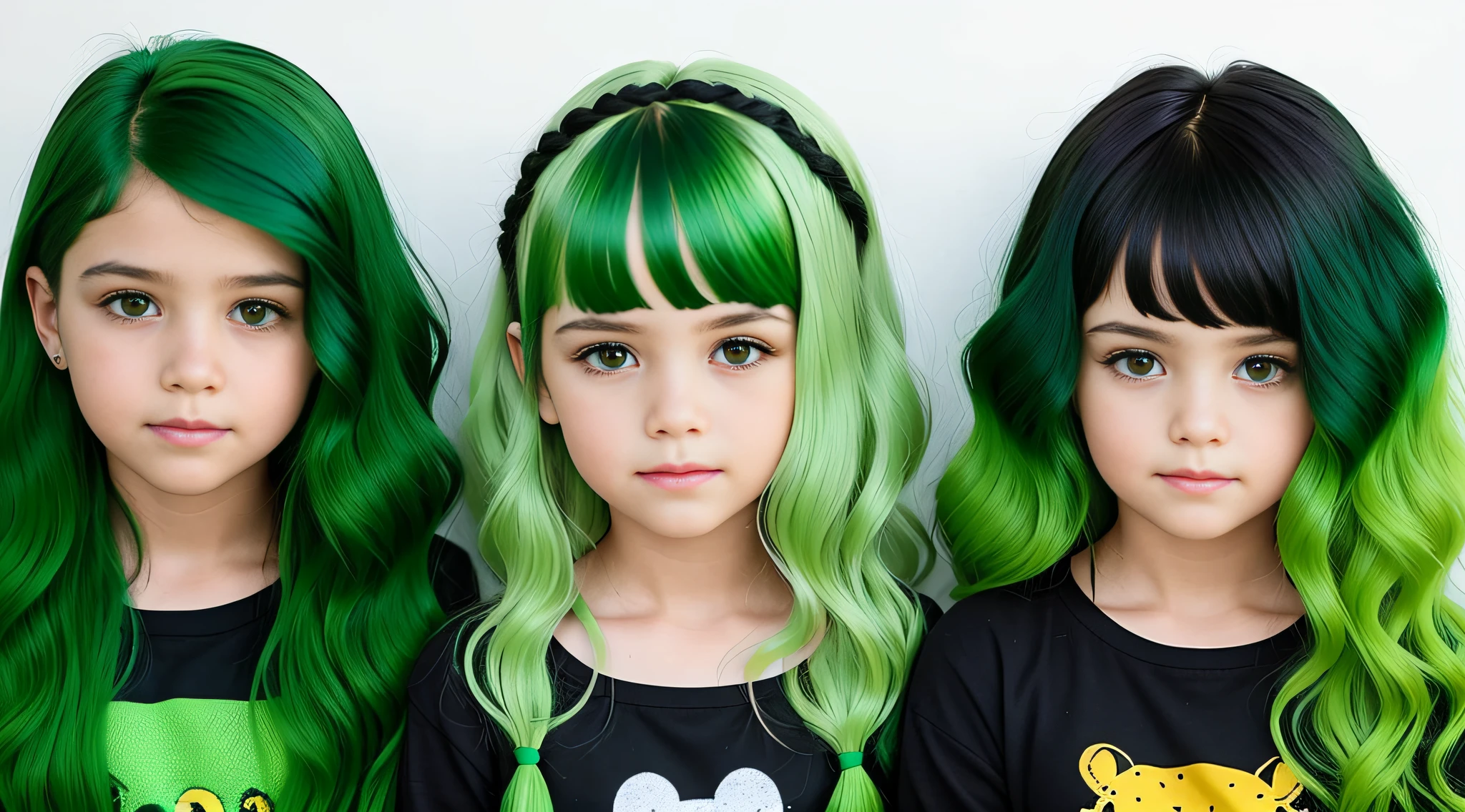 3 girlsRussian children with , WITH LONG STRAIGHT HAIR, PORTRAIT STYLE, a closeup with green hair and a black shirt, green hair, bright green hair, green wavy hair, dark green hair, short green hair, green mane, green and black hair, long green hair, disheveled short green hair, dyed hair, green highlights, dyed hair, flowing green hair, green and purple hair, short green bobcut