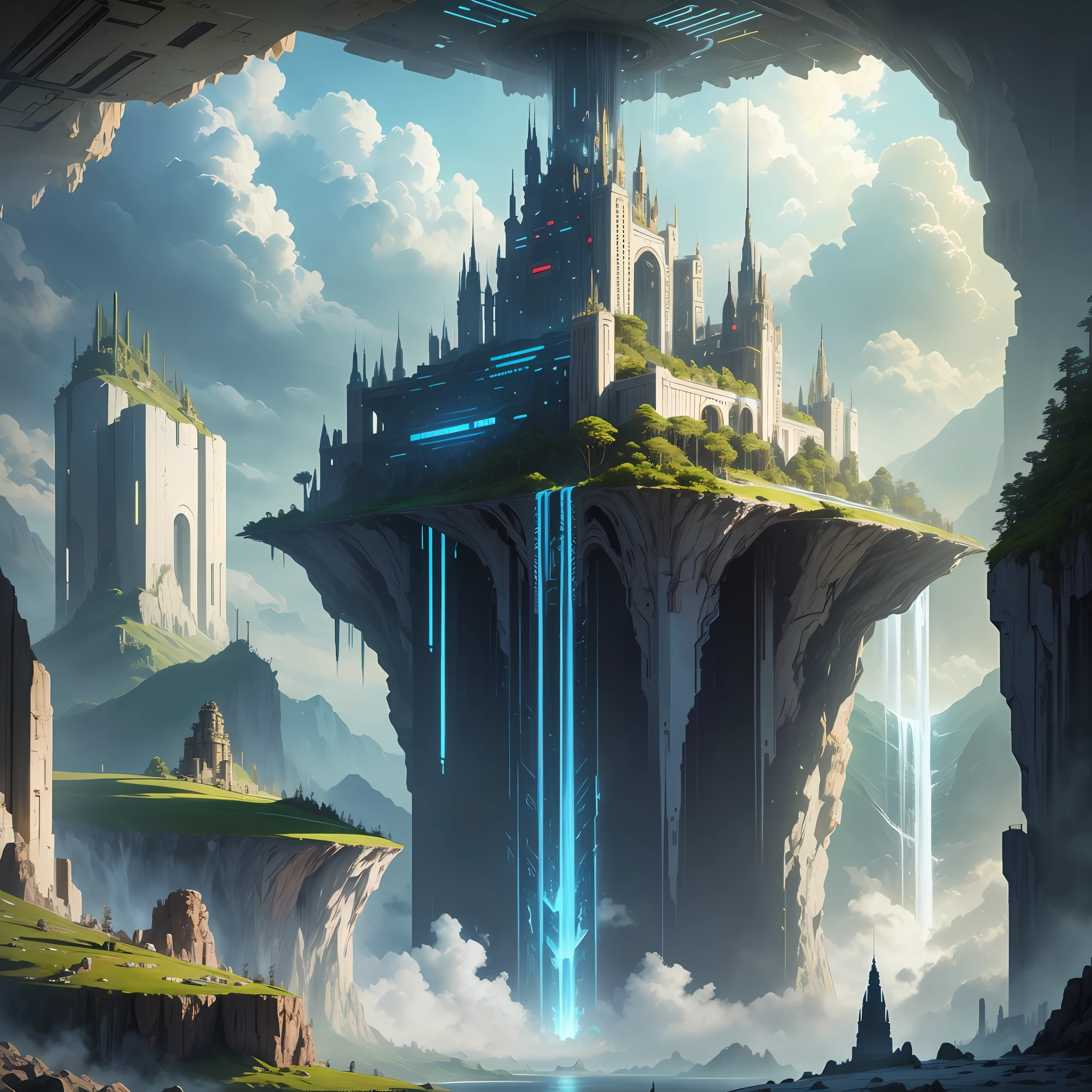 alien civilization cyberpunk futuristic world giant castle sci-fi universe extraterrestrial top quality masterpiece waterfall