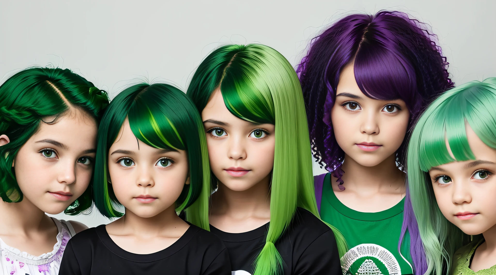 3 girlsRussian children with , WITH LONG STRAIGHT HAIR, PORTRAIT STYLE, a closeup with green hair and a black shirt, green hair, bright green hair, green wavy hair, dark green hair, short green hair, green mane, green and black hair, long green hair, disheveled short green hair, dyed hair, green highlights, dyed hair, flowing green hair, green and purple hair, short green bobcut