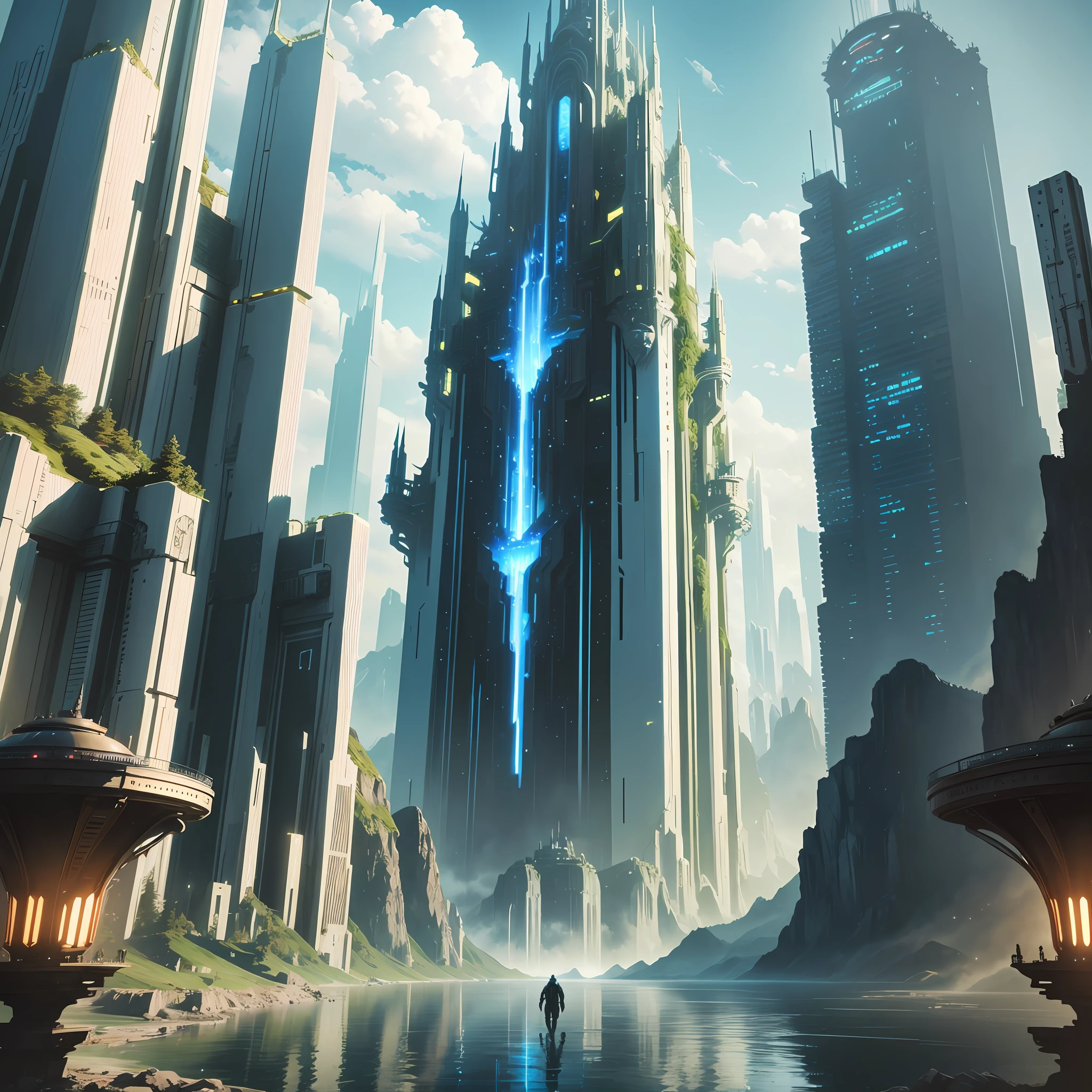 alien civilization cyberpunk futuristic world giant castle sci-fi universe extraterrestrial top quality masterpiece waterfall