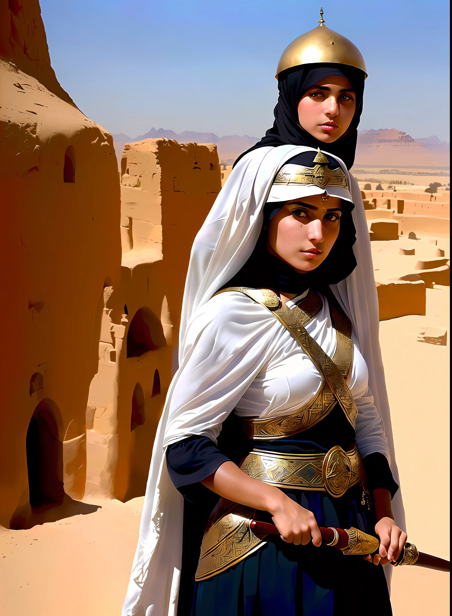 modelshoot style, (extremely detailed CG 8k wallpaper), full body photo of the most beautiful artwork in the world, medieval armor, majestic professional oil painting by Ed Blinkey, Atey Ghailan, Studio Ghibli, by Jeremy Mann, Greg Manchess, Antonio Moro, trend at ArtStation, trend at CGSociety, Intricate, High Detail, Sharp Focus, dramatic and photorealistic painting art from midjourney and greg rutkowski. Imagine "Generate an image of a Druze woman dressed as a Fatimid warrior. She must be wearing leather armor crafted with bronze or gold accents, which reflects the era of Fatimid rule. The armor should include protection for the chest and abdomen, as well as armbands and greaves. She must wear a metal helmet with a thin veil covering her hair, reminiscent of the Druze 'tantour'. In one hand, she holds a curved scimitar, typical of the Fatimid period. His face, visible under the helmet, should exhibit features that reflect Druze genetic diversity, with possible Arab, Persian, Christian and Jewish influences. She must be in a battle pose, her eyes determined and courageous. The setting should be a battlefield, perhaps in the desert of Egypt, where the Fatimid Empire once flourished."