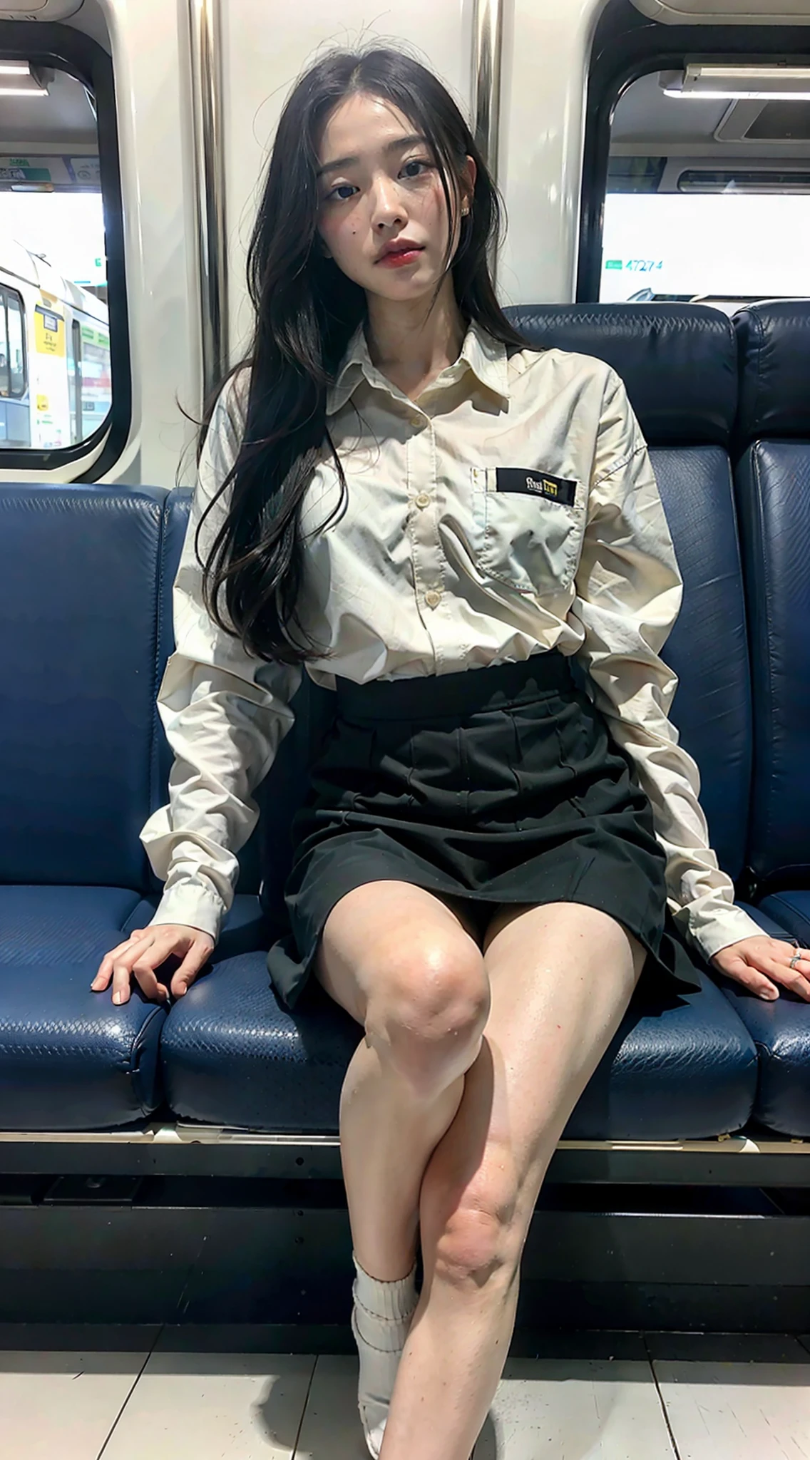 "(Masterpiece, High Definition, Ultra High Definition, 4K) Black hair, 14 years old Japan girl, uniform skirt, emphasizing thighs, white thighs, soft thighs, glossy thighs, sitting on the train, face-to-face angle, (angle from below),sitting in the train seat,Sitting in front,Zoom camera in the crotch,Feet on the train floor,Full body,Looking down and sleepy,Looking at the viewer only", best quality, ultra high definition, (photorealistic:1.4),, high resolution, detail, raw photo, sharp re, Nikon D850 film stock photo by Lee Jefferies 4 kodak portra 400 camera f1.6 lens rich colors hyper realistic lively textures dramatic lighting unreal engine artstation trends cinestir 800,