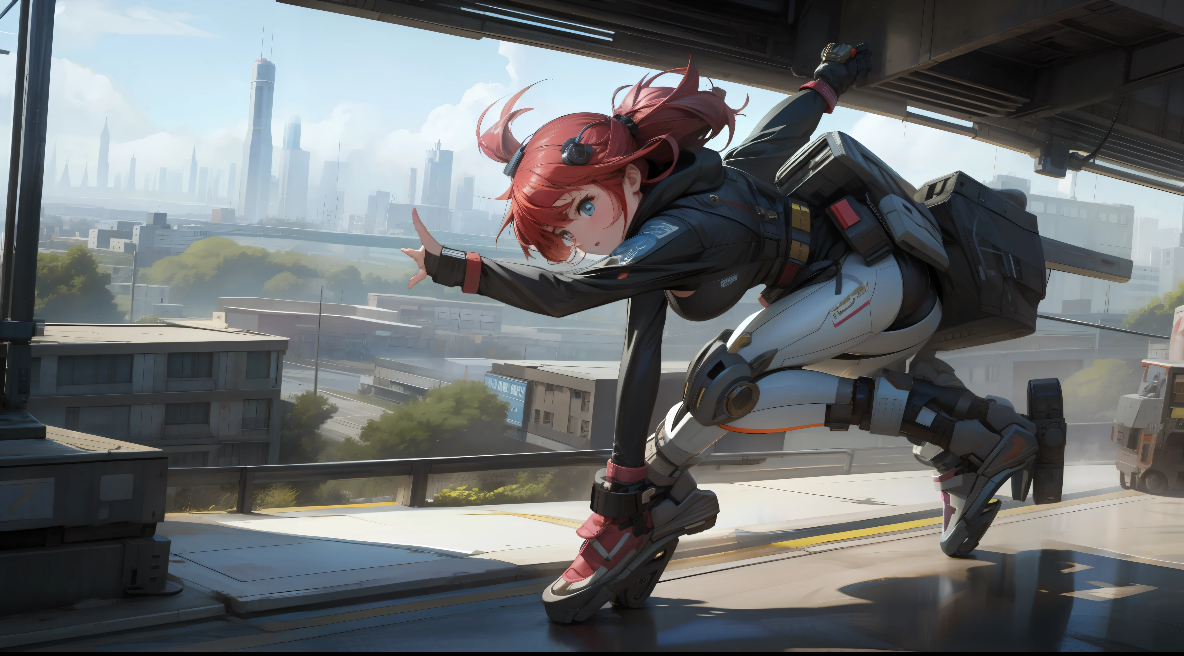 a girl in rollerblades flying above the city