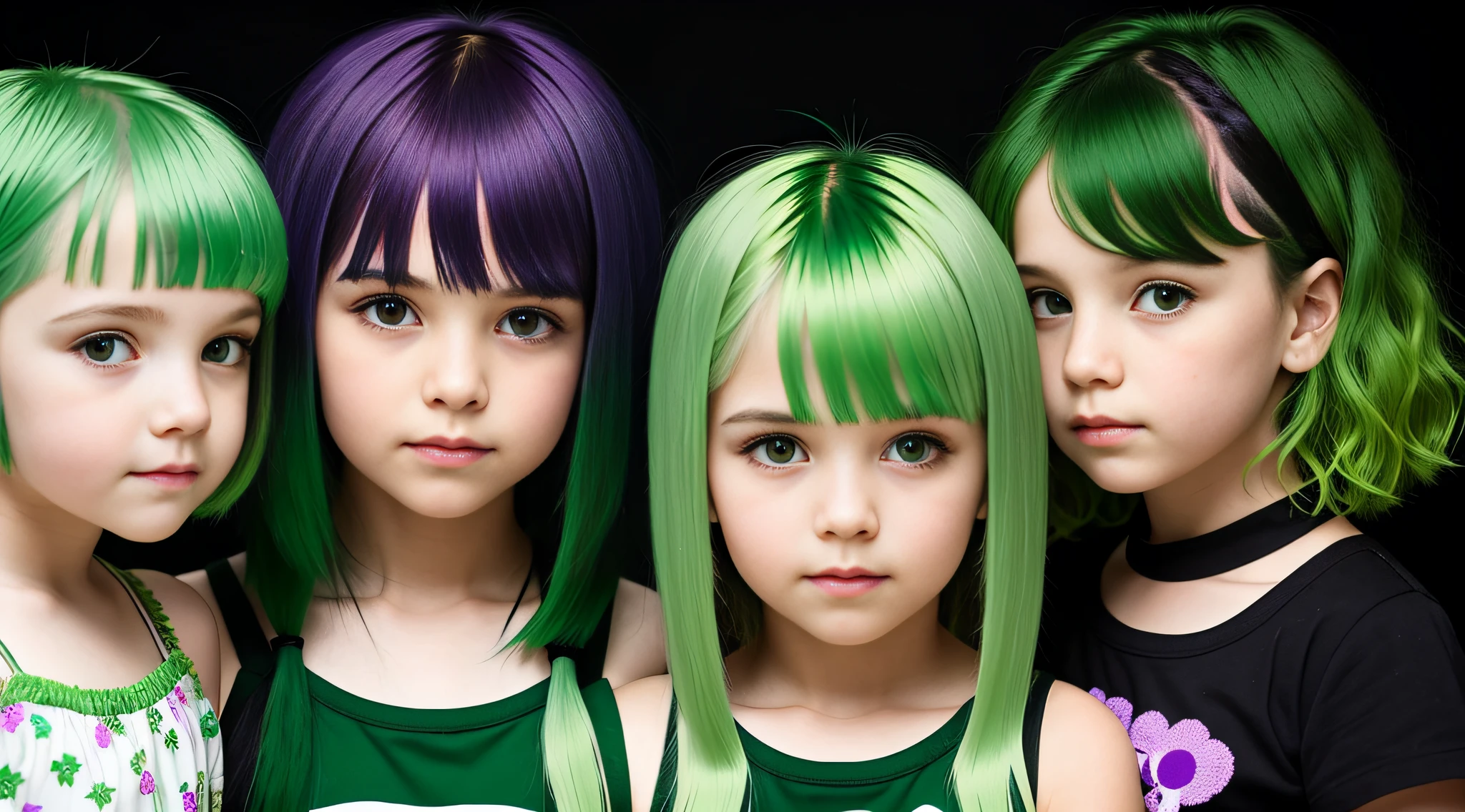 3 girlsRussian children with , WITH LONG STRAIGHT HAIR, PORTRAIT STYLE, a closeup with green hair and a black shirt, green hair, bright green hair, green wavy hair, dark green hair, short green hair, green mane, green and black hair, long green hair, disheveled short green hair, dyed hair, green highlights, dyed hair, flowing green hair, green and purple hair, short green bobcut