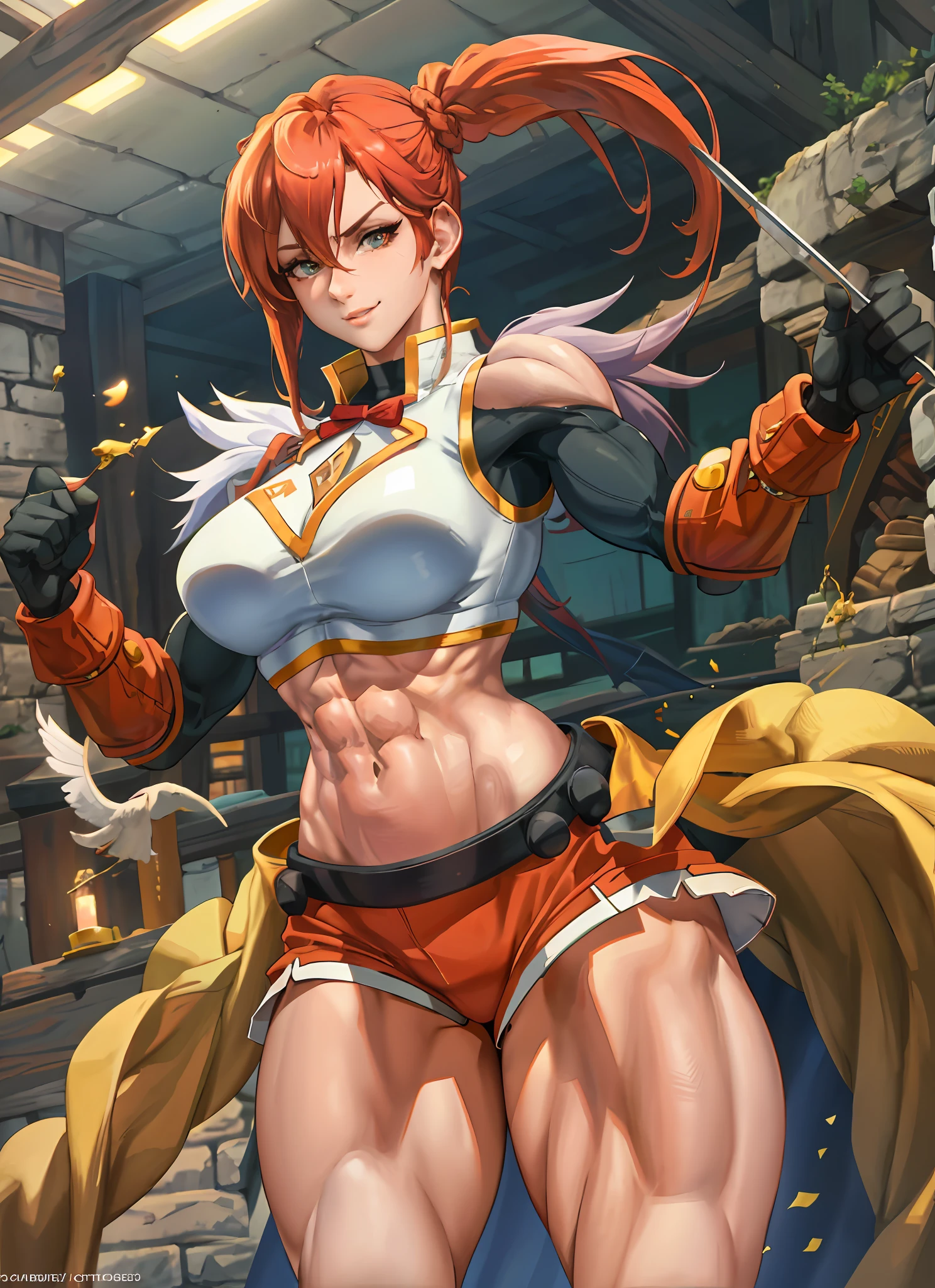 1 girl, beautiful, perfect lighting, muscular, thick thighs, mature woman, milf, navel, abdomen, looking at the viewer (masterpiece, high quality: 1.1), cowboy hat, freckles on body, barn, pale skin, red hair, braid, , short shorts, plaid shirt, skindentation, neckline, smile, thicc, cutesexyrobutts, cel-shaded art style, in fighter poses, highly detailed exquisite fanart, female protagonist 👀 :8,  commission for high resolution, fighter pose, full body commission for, high quality fanart, various pose, cushart kenz, king of fighters character, cammy poses of street fighter