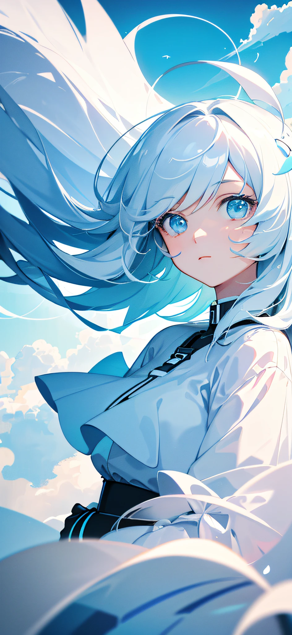 masterpiece, best quality, movie still, 1girl, floating in the sky, cloud girl, cloud, (close-up:1.1), bright, happy, fun, soft lighting, (Bauhaus, shapes, lines, abstract:1.1)
