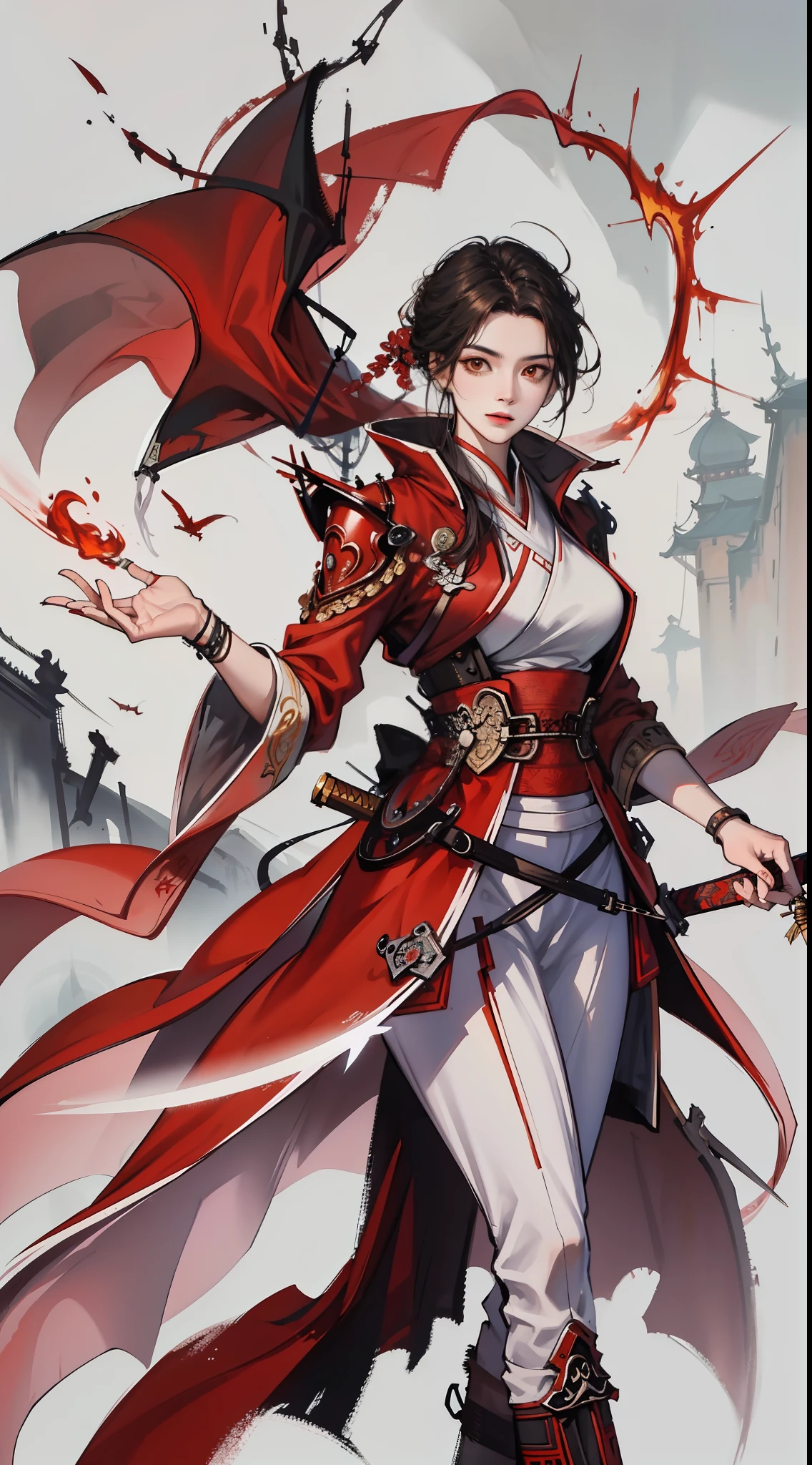 chinoiserie,The background is the ancient Chinese battlefield,An ancient Chinese female general、Holding a matching sword in his hand、Red robes、ARMOUR、A full body,Clear facial features,grim expression,Amazing facial features,Yellow sand is flying in the sky,Fleeing crowds,firelight,Game model,C4D, OCrenderer, edge light,The light is delicate,masterpieces,hyperdetailed,epic composition,Super HD,Quality,Max Quality,32k