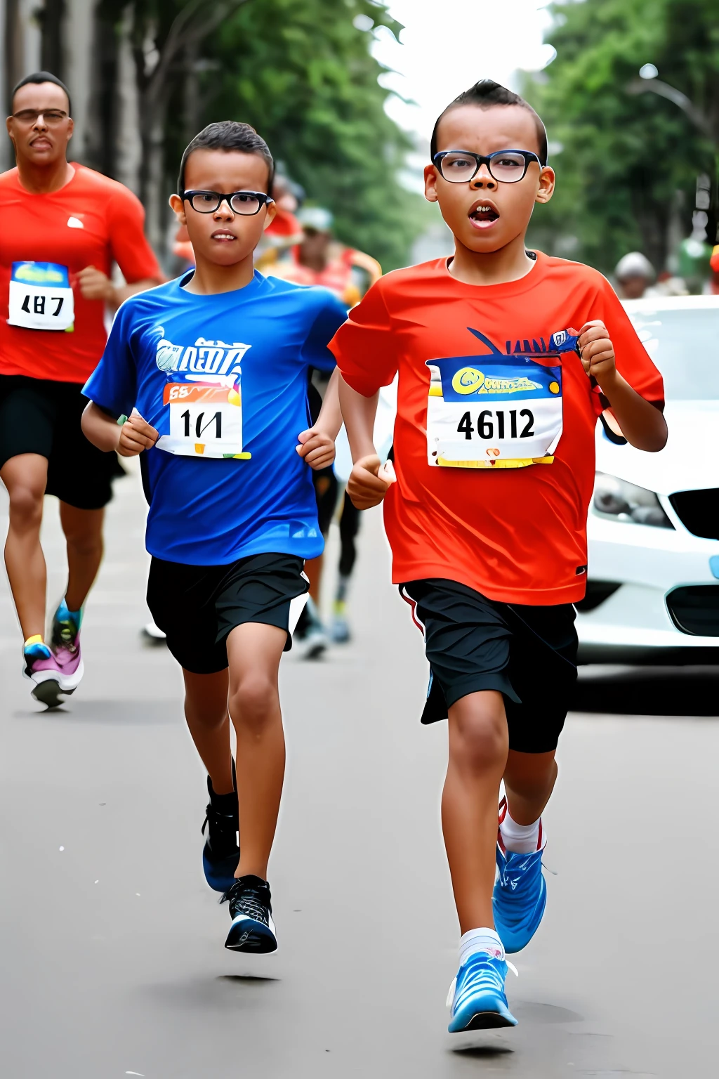 guttonerdvision4, a DEN3-year-old boy wearing glasses, hyper realistic, hyper detailed, wearing running clothes, in the center of the image, running in a street race marathon with several fans on the sidewalk, arriving at the finish line, snapping the ribbon, victorious with his arms up. The scene takes place on an avenue with buildings and trees surrounded by people on the sidewalk during the race. Ultra detailed and realistic scene. (((Focus on the boy, depth of field))) to give more realism to the scene.