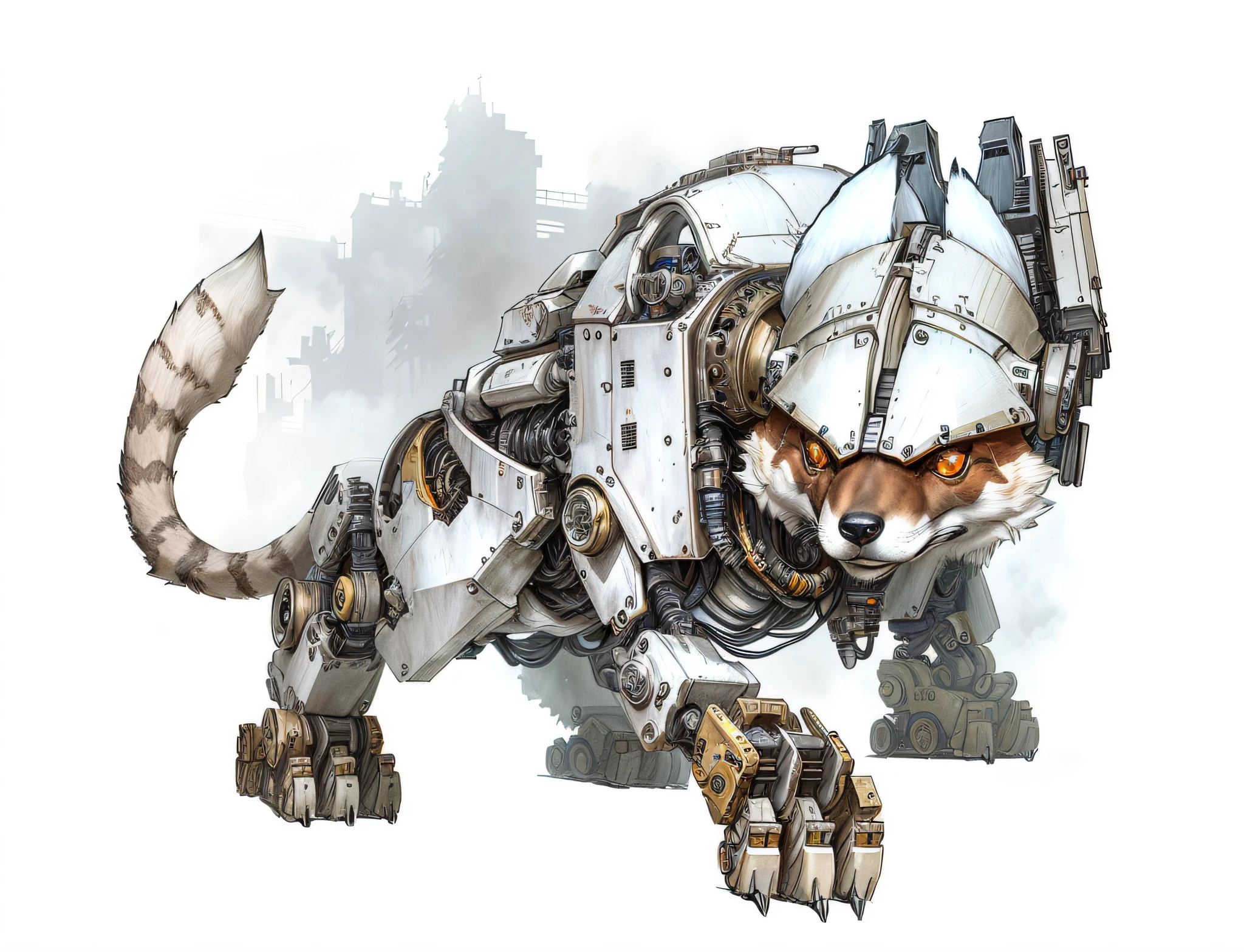 Drawing of a fox with a mechanical body and a helmet, steam punk style, against the background of a ruined city, (sketch), drawing, a robot in the form of a fox in the steampunk style, industrial robotic foxes, armored lima, medical mecha dog, armored fox companion, robot fox in steam punk style, cyborg fox, animal mecha, robot fox, hound mechs, rat-type furs, robot fox, mechanical paw, cyborg fox, manatee-shaped fur, sketch, black and white image