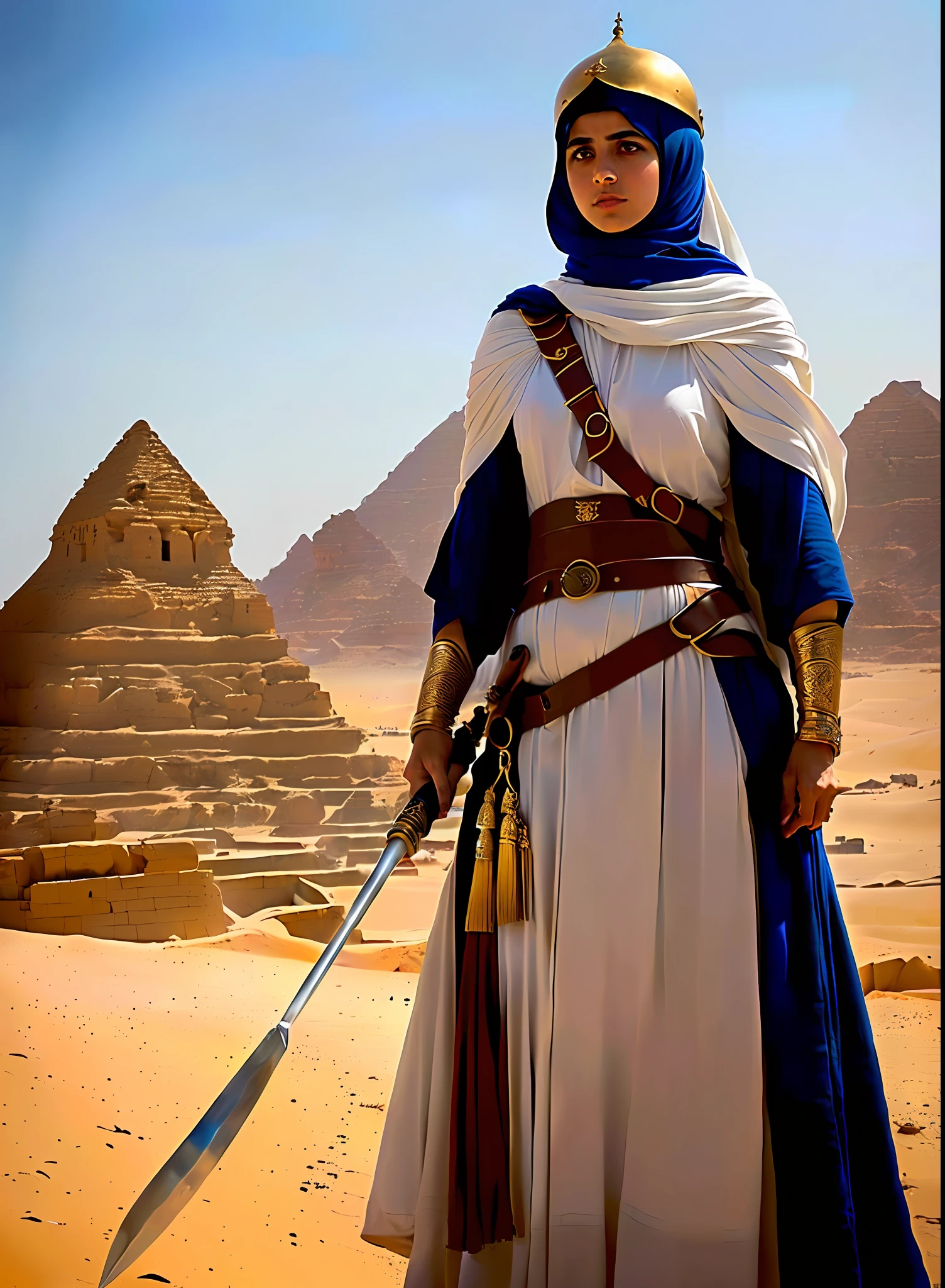 modelshoot style, (extremely detailed CG 8k wallpaper), full body photo of the most beautiful artwork in the world, medieval armor, majestic professional oil painting by Ed Blinkey, Atey Ghailan, Studio Ghibli, by Jeremy Mann, Greg Manchess, Antonio Moro, trend at ArtStation, trend at CGSociety, Intricate, High Detail, Sharp Focus, dramatic and photorealistic painting art from midjourney and greg rutkowski. Imagine "Generate an image of a Druze woman dressed as a Fatimid warrior. She must be wearing leather armor crafted with bronze or gold accents, which reflects the era of Fatimid rule. The armor should include protection for the chest and abdomen, as well as armbands and greaves. She must wear a metal helmet with a thin veil covering her hair, reminiscent of the Druze 'tantour'. In one hand, she holds a curved scimitar, typical of the Fatimid period. His face, visible under the helmet, should exhibit features that reflect Druze genetic diversity, with possible Arab, Persian, Christian and Jewish influences. She must be in a battle pose, her eyes determined and courageous. The setting should be a battlefield, perhaps in the desert of Egypt, where the Fatimid Empire once flourished."