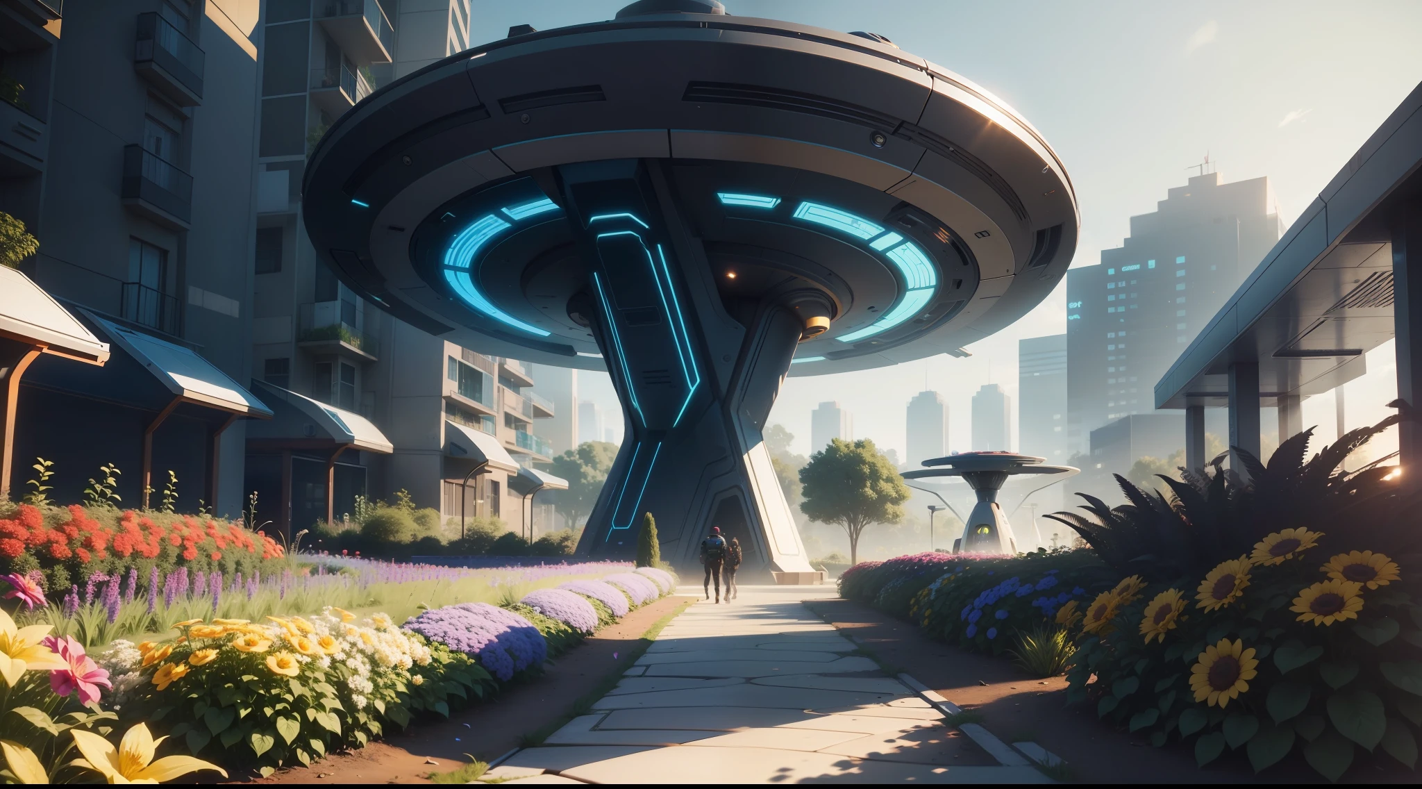 a vibrant futuristic community garden with advanced technology, vibrant, photorealistic, realistic, dramatic, cinematic lighting, sharp focus, 8k