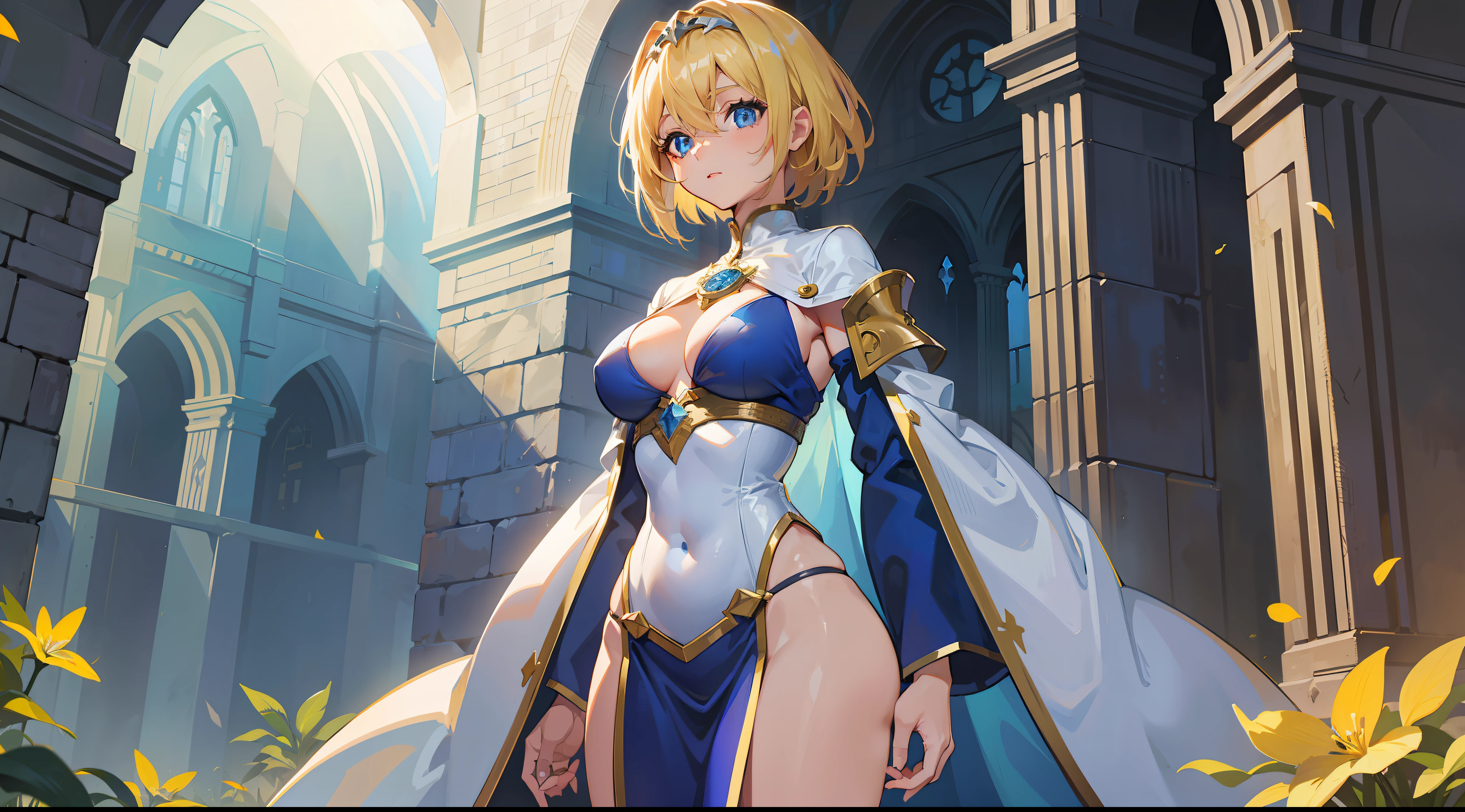 a girl, cleric, blonde, short hair, bright blue eyes, beautiful breasts, hair between eyes, bangs, full body, confident, heroic posture, fantasy, medieval, rays of sun