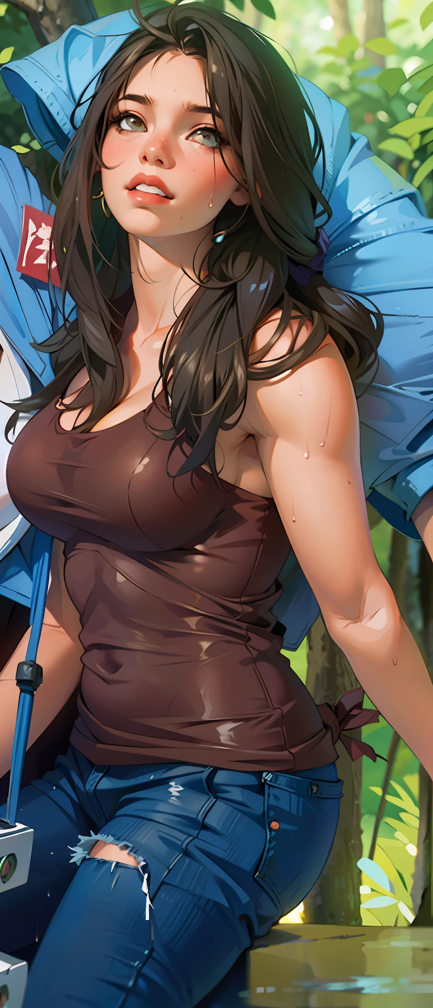 a hyper-realistic portrait of a young woman, half asleep, under a tree, inside a forest, lots of rain, in the middle of nature, 22 years old, realistic, (lying on her side), she is wearing a red panties, (wearing minimal dress), sexy, (huge breasts 2:1), wet clothing, short brown hair, (hair tied with bows), curved, SFW