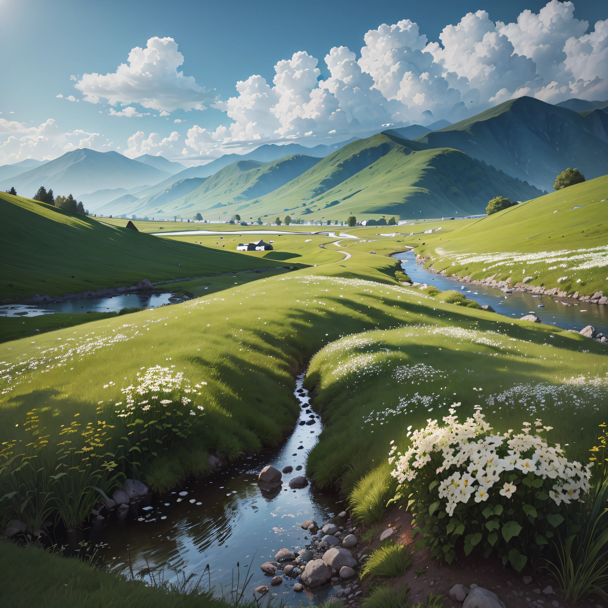 (((8k,highest quality)))1 Grass and flowers bloom in a field illuminated by the golden spring sun, gently swaying in the gentle spring breeze. Bright green green mountains form a landscape with grasslands that seem to extend to the far end with the shadows of clouds. The white clouds move with the wind in the sky, and the boundary between the sky and the clouds is clearer in the sunlight. The small stream that runs between the fields and the mountains exudes the gentle sound of birds with the clear water, and when you look up, the rows of black and white stones form a beautiful harmony. It feels like all of these things exist together in a beautiful nature that is in the middle of nowhere.