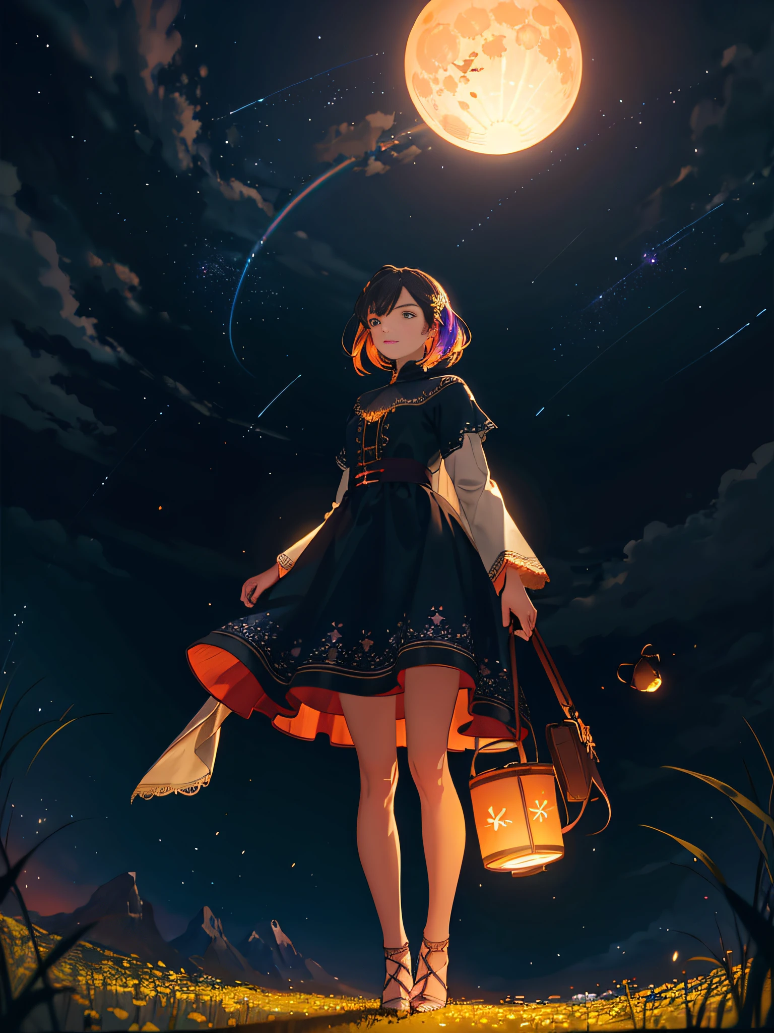 Vast landscape photo, (viewed from below, the sky is above and the open field is below), a girl standing on a flower field looking up, (full moon: 1.2), (meteor: 0.9), (nebula: 1.3), distant mountains , Trees BREAK Crafting Art, (Warm Light: 1.2), (Fireflies: 1.2), Lights, Lots of Purple and Orange, Intricate Details, Volumetric Lighting, Realism BREAK (Masterpiece: 1.2), (Best Quality), 4k, Ultra-Detailed, (Dynamic Composition: 1.4), Very Detailed, Colorful Details, (Rainbow Colors: 1.2), (Glow Lighting, Atmospheric Lighting), Dreamy, Magical, (Solo: 1.2)