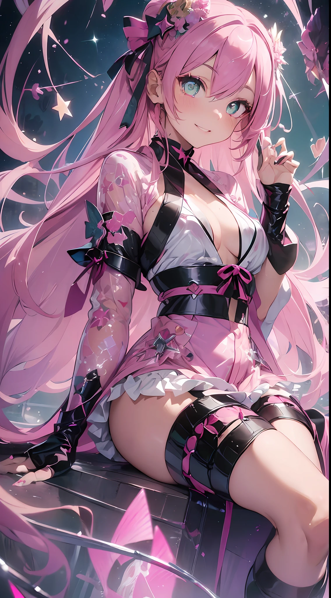 (((Masterpiece))) fullbody(1 girl) (pink hair, long hair, straight hair, both sides up) (green eyes), beautiful face, eyeshadow, eyeliner, glow eyes, hyper detail eyes, complex eyes, beautiful eyes, detailed eyes, ((star-shaped pupils, sparkling pink pupils)) 18 year old girl. (Wear a transparent kimono of ((PVC material)). seductive smile.small breasts.sexypose