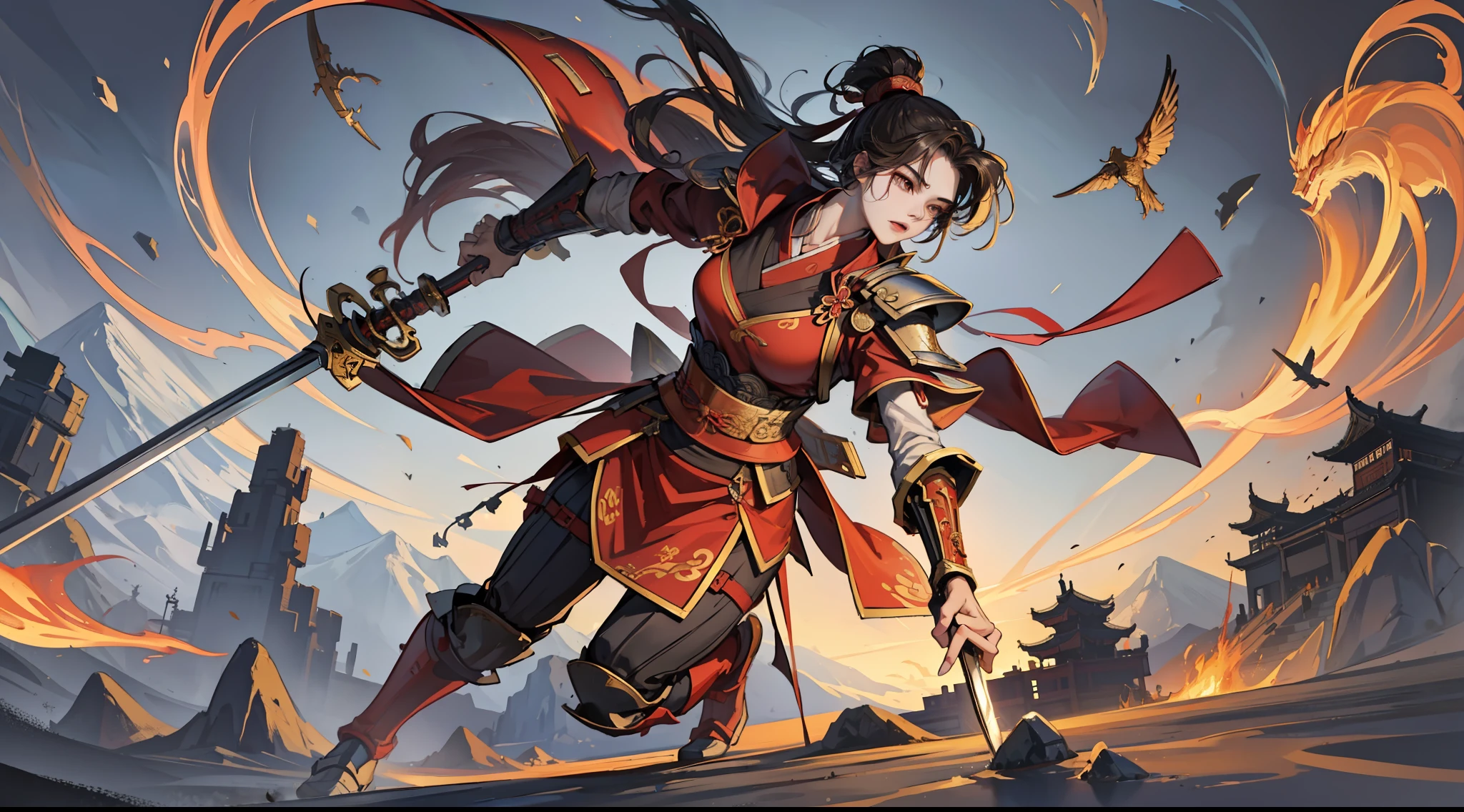 chinoiserie,The background is the ancient Chinese battlefield,An ancient Chinese female general、Holding a matching sword in his hand、Red robes、ARMOUR、A full body,Clear facial features,grim expression,Amazing facial features,Yellow sand is flying in the sky,Fleeing crowds,firelight,Game model,C4D, OCrenderer, edge light,The light is delicate,masterpieces,hyperdetailed,epic composition,Super HD,Quality,Max Quality,32k
