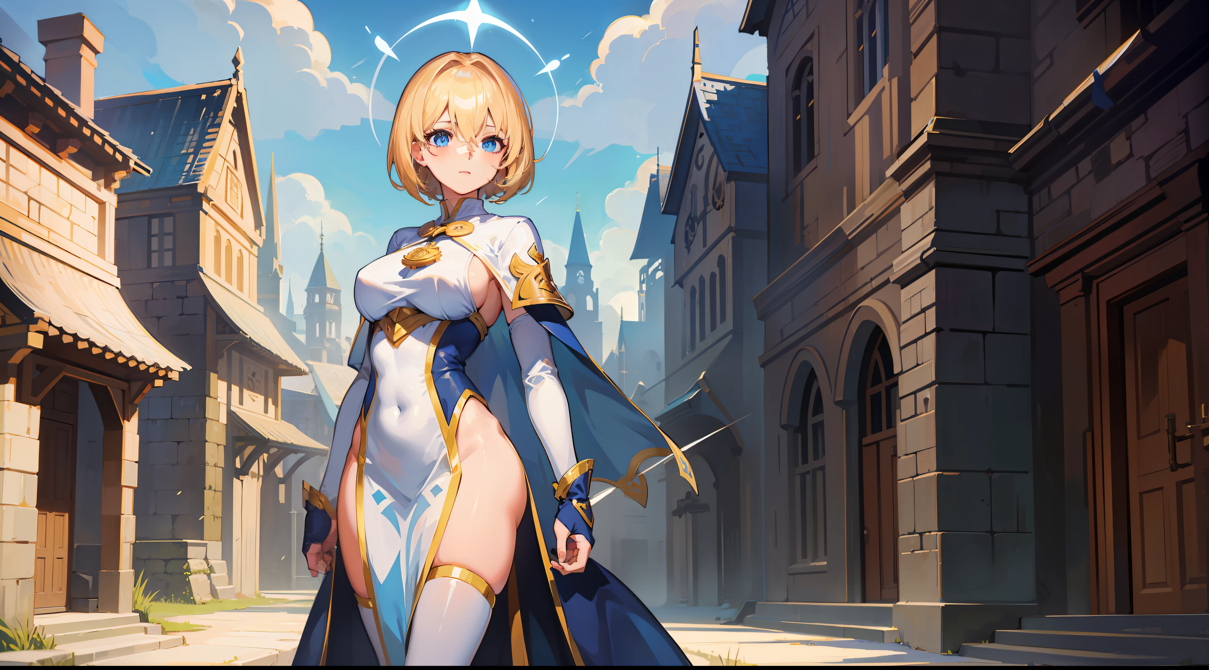 a girl, cleric, blonde, short hair, bright blue eyes, beautiful breasts, hair between eyes, bangs, full body, confident, heroic posture, fantasy, medieval, rays of sun
