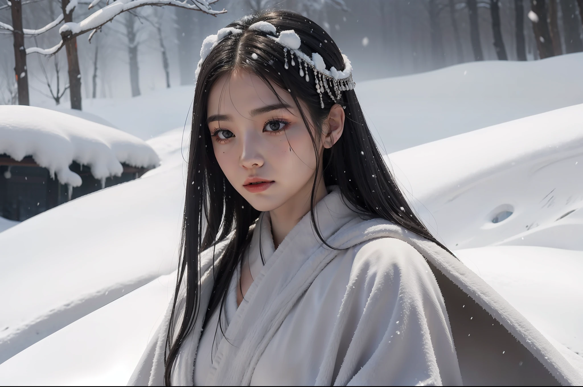 women with long hair in grey robe walking through snow,heavy snow,look at the camera，close-up shot,delicate facial details, in the style of influenced by ancient chinese art , celebrity photography , gongbi , gothic references , photo - realistic ,upscale --ar 3:2 --q 5 --v 5.1 --style raw --s